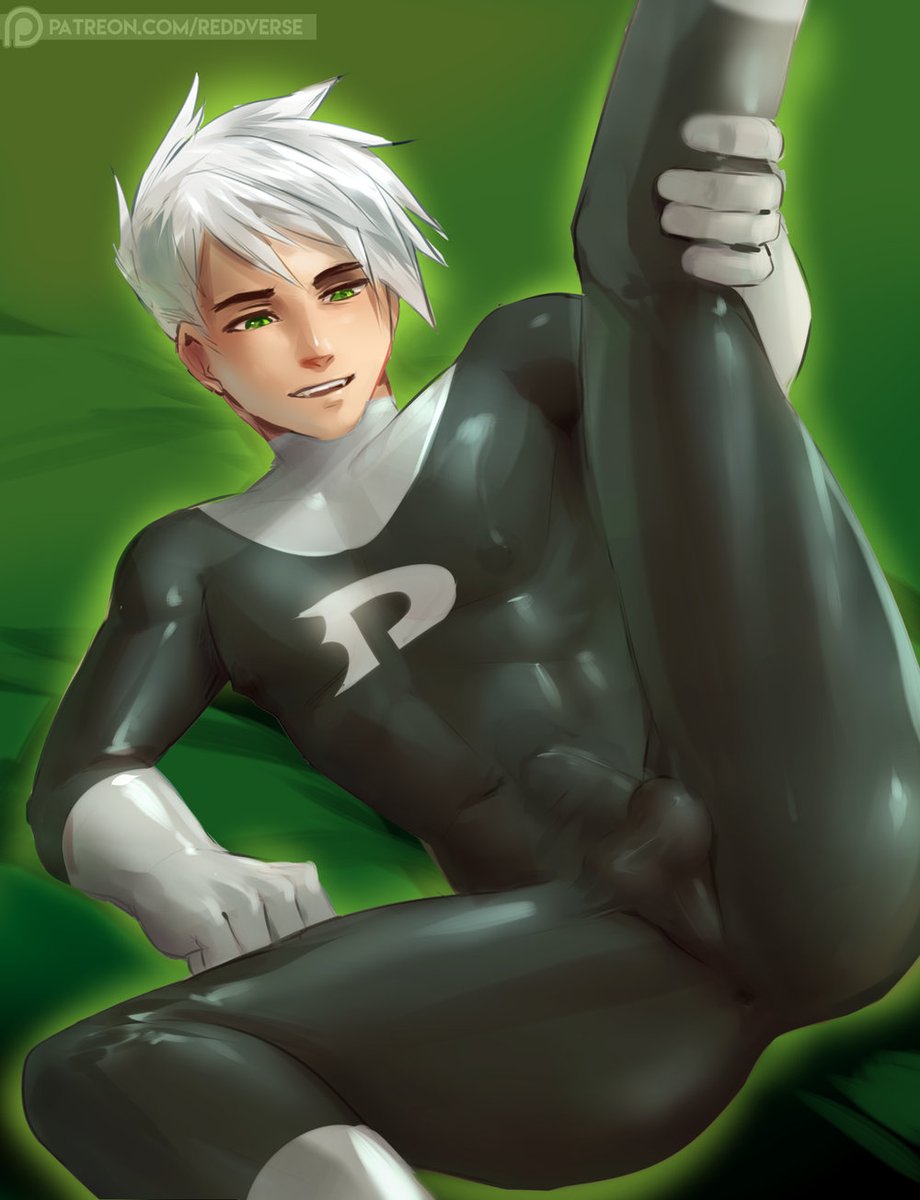 1boy, abs, ass, balls, balls in bodysuit, bodysuit, bulge, clothed, clothing, danny fenton, danny phantom, erection under clothes, gloves, grabbing leg, green background, green eyes, hand on leg, human, human only, latex, latex suit, leg grab, leg up, legs apart, looking down, male, male nipples, male only, nipples, penis, penis bulge, penis in bodysuit, penis under clothes, presenting, reddverse, see-through, solo, solo focus, tagme, taint, testicles, tight clothing, white hair
