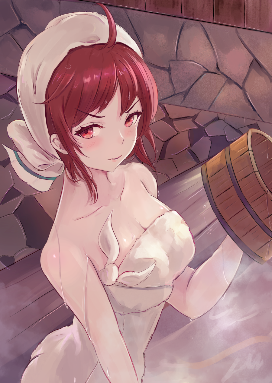 1girls ahoge bare_shoulders blush breasts bucket cleavage female fire_emblem fire_emblem_fates fire_emblem_heroes fire_emblem_if high_resolution hinoka_(fire_emblem) hinoka_(hot_springs)_(fire_emblem) indoors leonmandala medium_breasts naked_towel nintendo onsen red_eyes red_hair short_hair solo steam towel towel_on_head wet wet_hair white_towel wooden_bucket