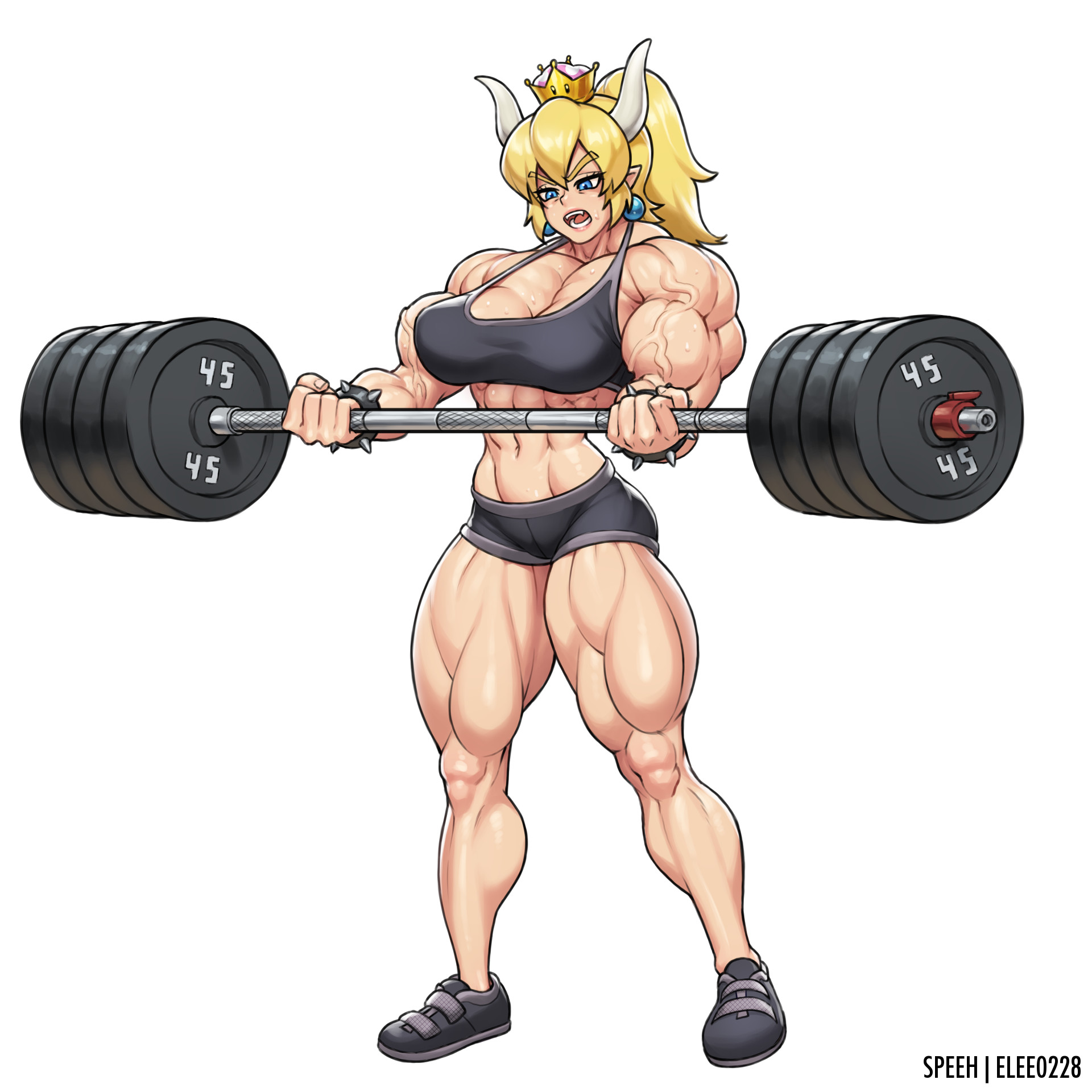 1girls, abs, bangs, biceps, big muscles, blonde hair, blue eyes, bowsette, bra, bracelet, breasts, clothed, earrings, elee0228, exercise, female, female only, flexing, fully clothed, horns, mario (series), muscles, muscular, muscular female, muscular thighs, navel, new super mario bros. u deluxe, nintendo, ponytail, rule 63, sefuart, simple background, sneakers, solo, spiked bracelet, super crown, tagme, thick thighs, veins, weightlifting, weights