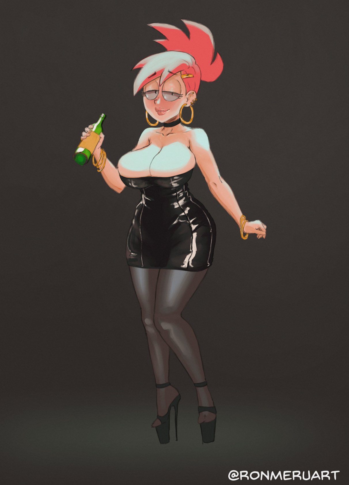alcohol, big breasts, black dress, bottle, bracelets, breasts, cartoon network, cleavage, clothing, dress, female, female only, foster's home for imaginary friends, frankie foster, high heels, ronmeruart, solo