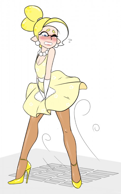 1boy, androgynous, blonde hair, blush, crossdressing, dress, embarrassed, eyelashes, femboy, girly, high heels, ikani (sealguy), inkling, legs, male, male only, pantyhose, ponytail, sealguy, sissy, skirt, solo, splatoon, thighhighs, tied hair, trap, white background, yellow dress, yellow high heels