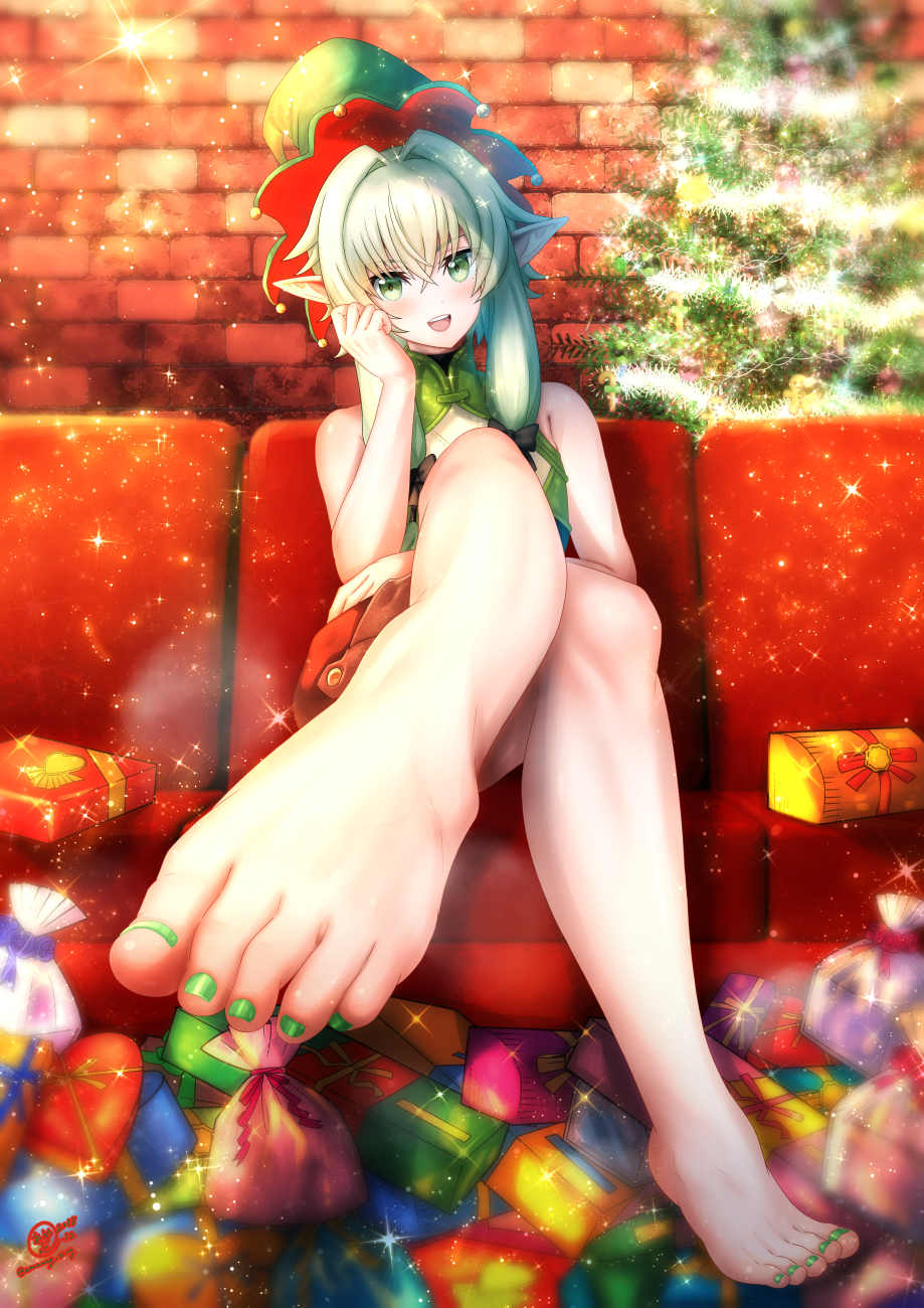 1girls amaaay_zing christmas elf feet female female_only foot_fetish foot_focus foot_worship goblin_slayer green_eyes green_hair green_nail_polish green_nails high_elf_archer_(goblin_slayer) nail_polish painted_nails pov_feet smile solo toes