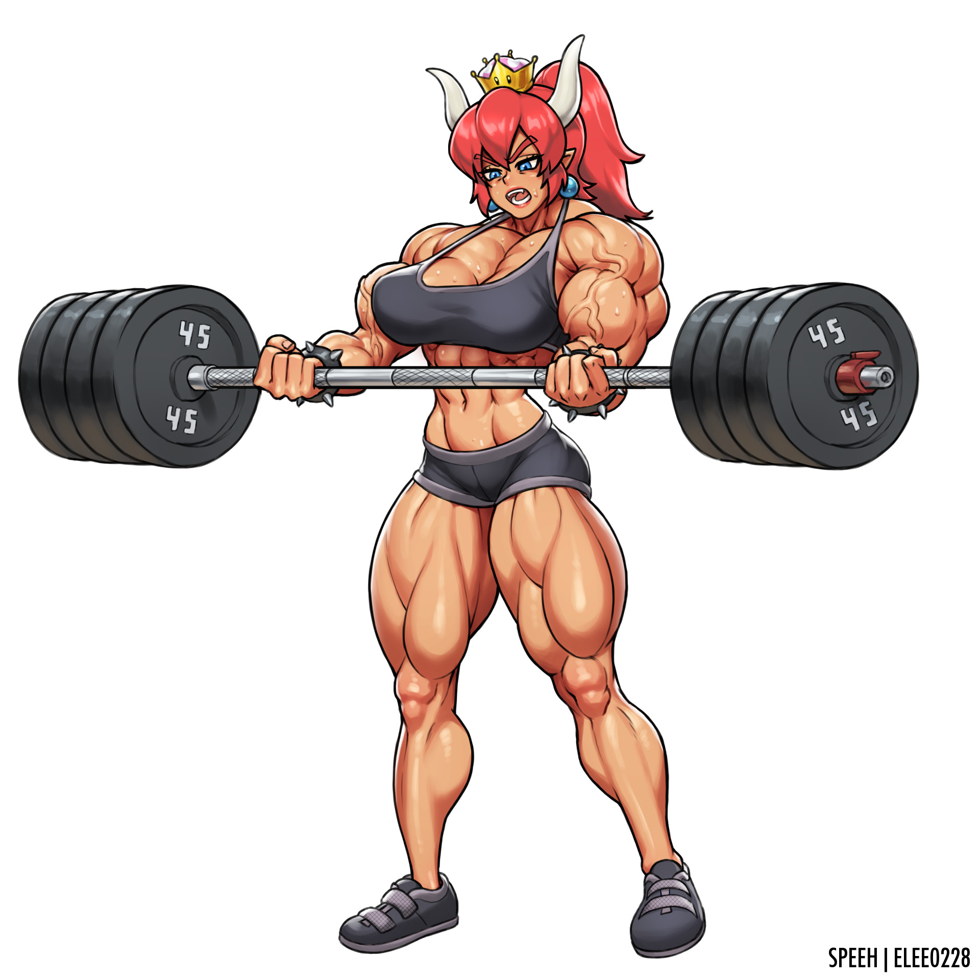 1girls, abs, bangs, biceps, big muscles, blue eyes, bowsette, bra, bracelet, breasts, clothed, dark skin, dark-skinned female, earrings, elee0228, exercise, female, female only, flexing, fully clothed, genderswap, horns, huge breasts, mario (series), muscles, muscular, muscular female, muscular thighs, navel, new super mario bros. u deluxe, nintendo, ponytail, red bowsette, red hair, rule 63, sefuart, simple background, sneakers, solo, super crown, sweat, tagme, thick thighs, veins, weights