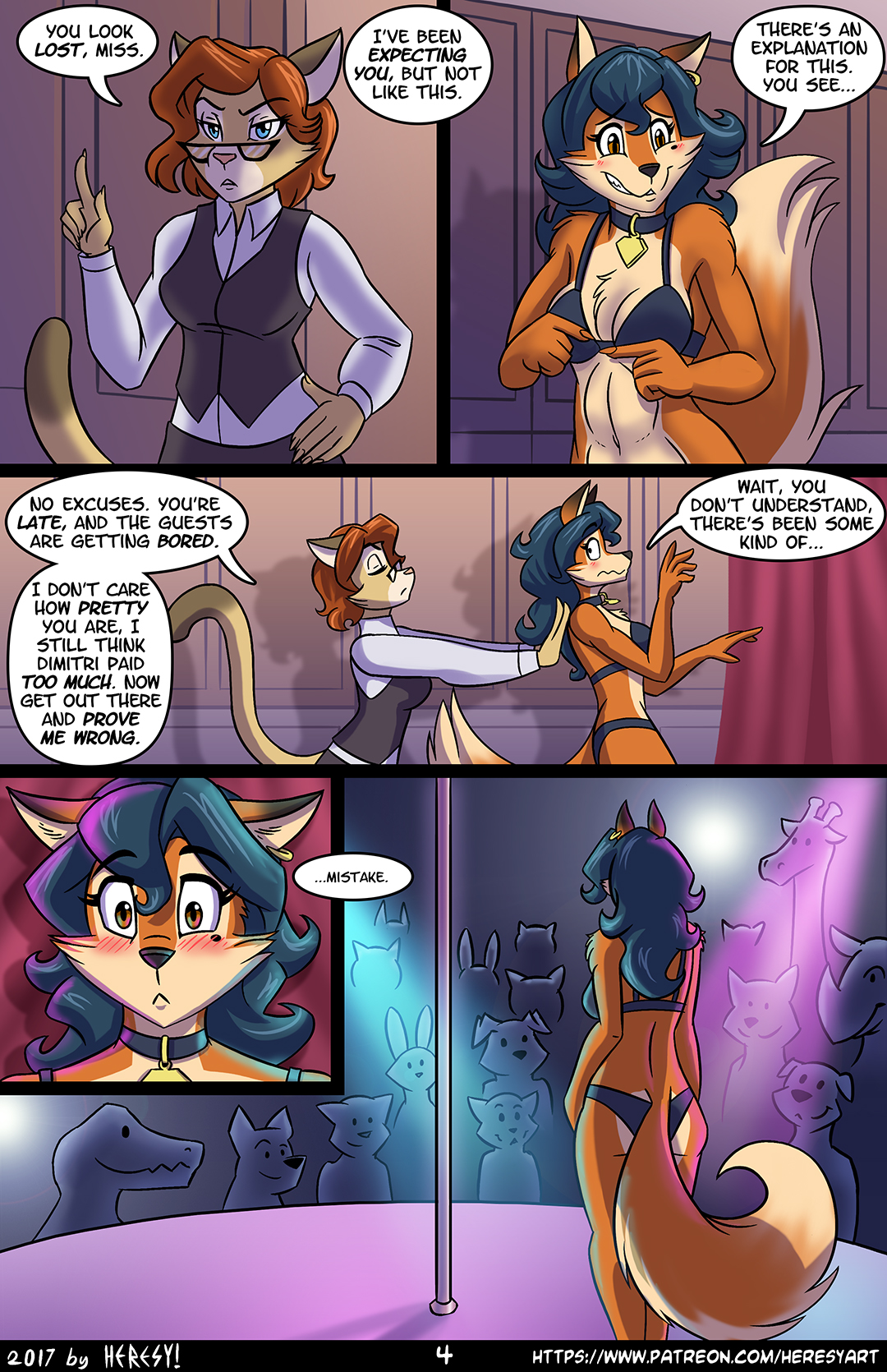 2017, anthro, audience, beauty mark, blue eyes, blue hair, blush, bra, breasts, brown eyes, canine, carmelita fox, caught, cleavage, clothed, clothing, collar, comic, crowd, duo, ear piercing, embarrassed, eyewear, fan character, feline, female, fox, fur, glasses, group, hair, heresy (artist), hi res, inside, lingerie, mammal, multicolored fur, orange fur, panties, patreon username, piercing, playstation, pole, priscilla trottier, red hair, skimpy, sly cooper (series), smooth fur, speech bubble, stripper pole, tan fur, text, two-tone fur, underwear, url, video games, white fur