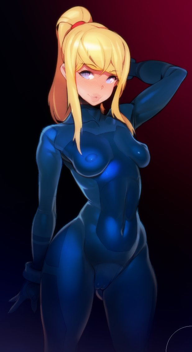 ass visible through thighs, blonde hair, blue eyes, bodysuit, breasts, cameltoe, cleavage, doxy, female, female only, hourglass figure, looking at viewer, medium breasts, metroid, nintendo, pussy, samus aran, sidelocks, skin tight, solo, wide hips, zero suit, zero suit samus