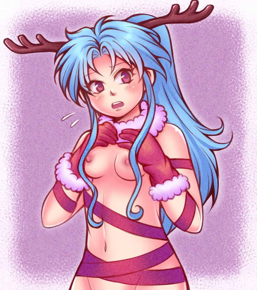 1girls blue_hair blush botan breasts christmas christmas_outfit eyebrows_visible_through_hair female female_only fur-trimmed_sleeves fur_trim gift_wrapping gloves hands_on_own_chest large_breasts long_hair medium_breasts naked_ribbon navel nipple octoppoi open_mouth pale-skinned_female pale_skin partially_undressed ponytail purple_eyes red_ribbon reindeer_horns ribbon santa_costume santa_gloves shinigami shounen_jump solo stomach teeth yu_yu_hakusho