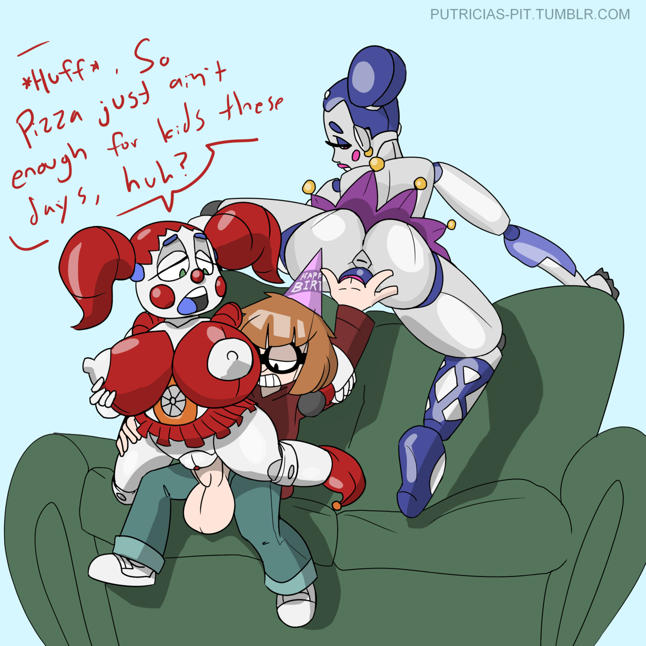 1boy, 2d, 2d (artwork), 2girls, age difference, animatronic, ass, baby (fnafsl), ballerina, ballora, ballora (fnafsl), big breasts, birthday, birthday party, breasts, circus baby, circus baby (fnaf), clothed sex, clown, couch, dialogue, english text, female, fingering, five nights at freddy's, five nights at freddy's: sister location, green eyes, human, humanoid, looking back, male, male human/female humanoid, male human/female robot, original character, penetration, penis, pussy, putricia, robot, scottgames, sex, simple background, sister location, small but hung, straight, taylor bridge, text, threesome, twintails, vaginal penetration