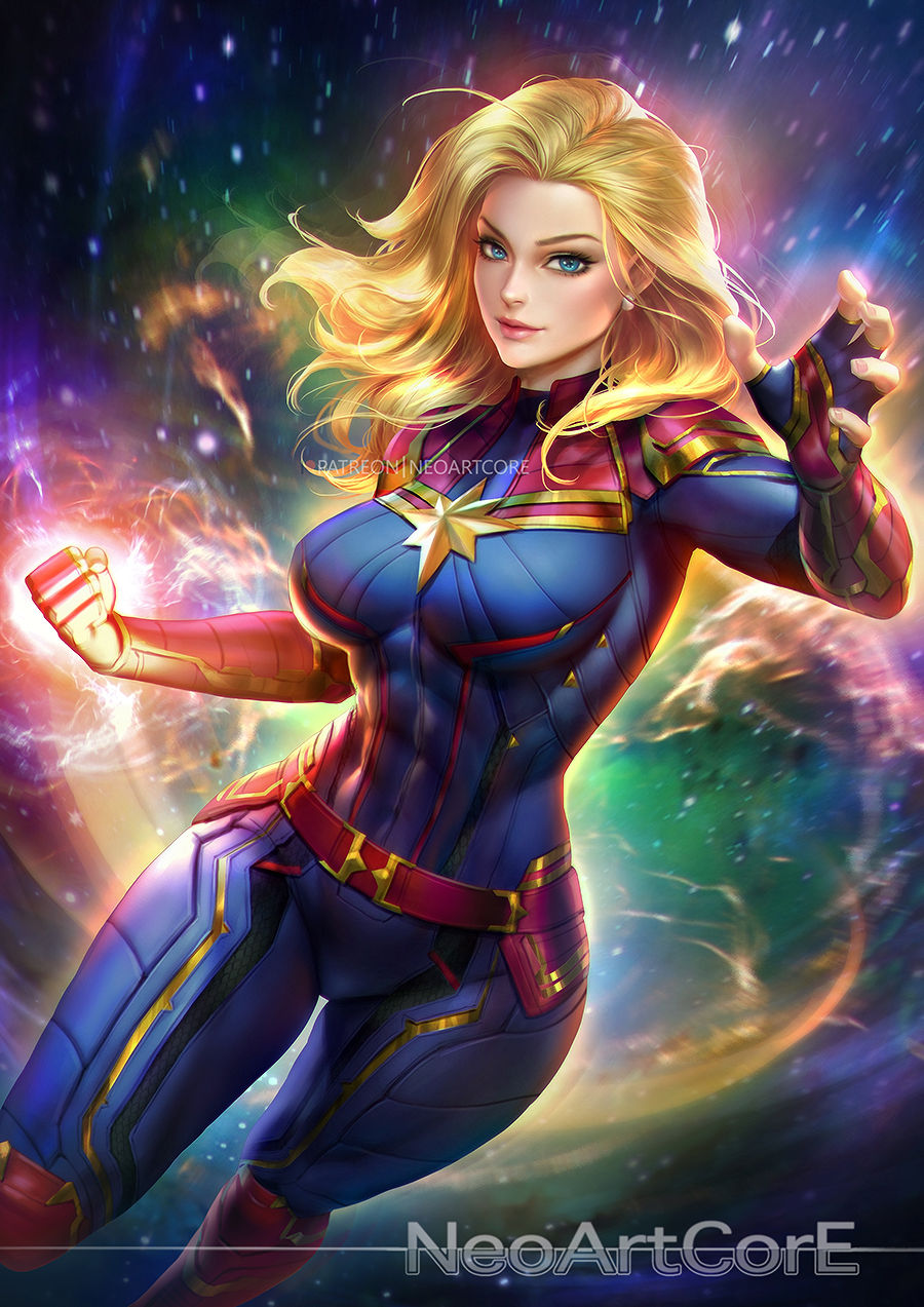 1girls abs absurdres annoying_watermark aura belly belt blue_eyes bodysuit breasts captain_marvel carol_danvers color eye_contact female female_only glowing highres large_breasts long_hair looking_at_viewer marvel marvel_comics muscular muscular_female navel neoartcore pants patreon pose skin_tight solo text thick_thighs thigh_gap watermark wide_hips