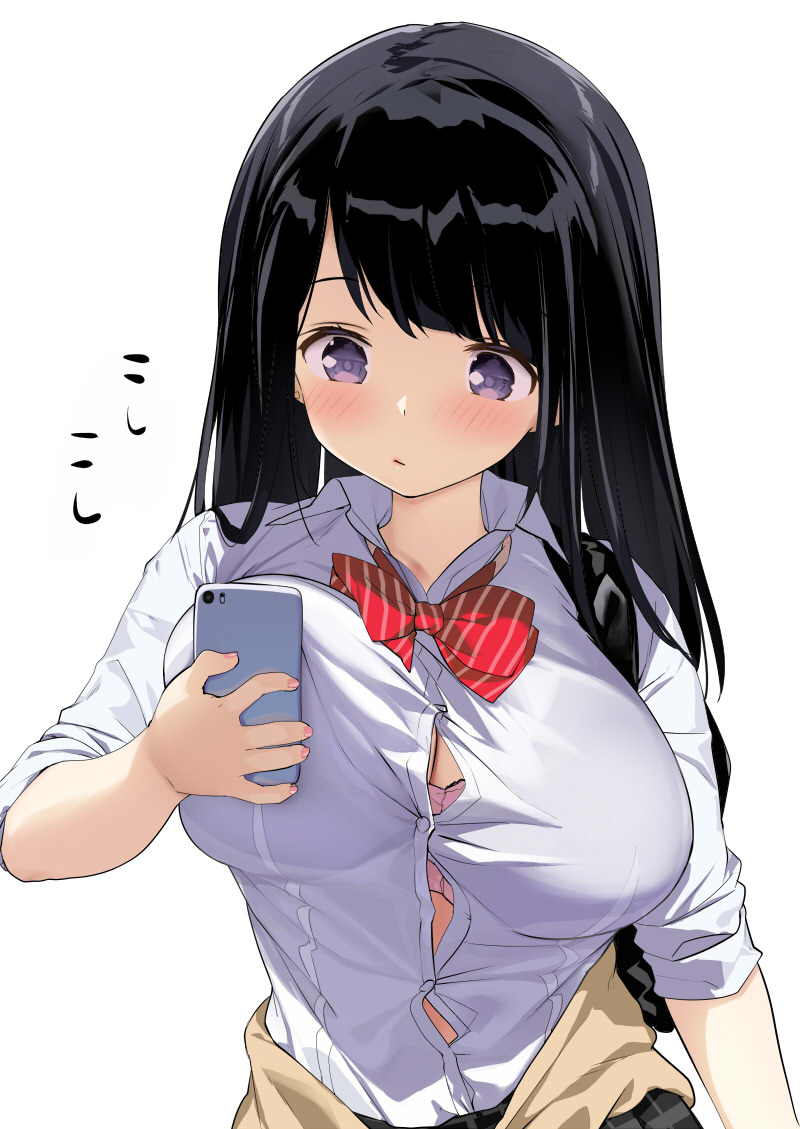 black_hair busty cute fully_clothed holding_object holding_phone huge_breasts kaisen_chuui looking_down phone school_uniform schoolgirl schoolgirl_uniform skirt