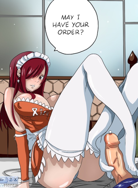 akimyich black_eyes breasts erza_scarlet fairy_tail feet foot_fetish footjob footjob_with_legwear maid penis precum red_hair stockings text toes white_stockings