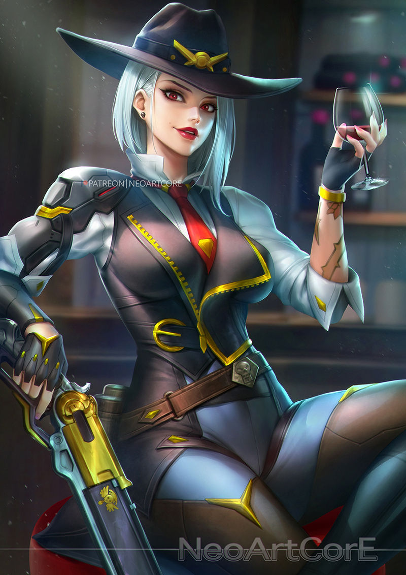 1girls, 2d, ashe (overwatch), blizzard entertainment, cowboy hat, female, female only, light skin, light-skinned female, looking at viewer, mole above mouth, neoartcore, overwatch, pale skin, pale-skinned female, ranged weapon, red eyes, solo, tagme, white hair, wine glass
