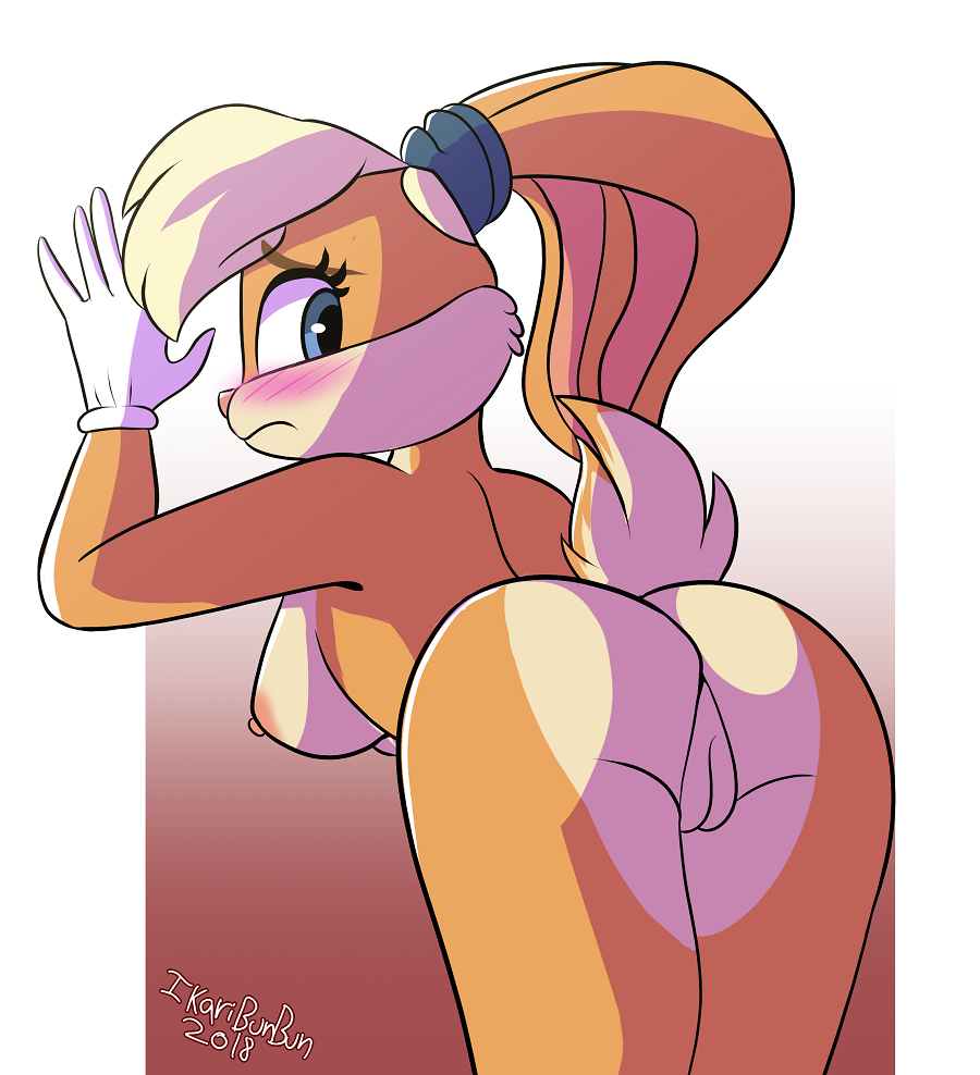 2018 against_wall anthro areola ass bent_over blonde_hair blue_eyes blush breasts clothing countershade_torso countershading embarrassed eyelashes female floppy_ears fur gloves gradient_background hair ikaribunbun lagomorph lola_bunny looking_back looney_tunes mammal nipples pink_nose presenting presenting_hindquarters presenting_pussy pussy rabbit raised_arm rear_view simple_background solo tan_fur tied_ears warner_brothers