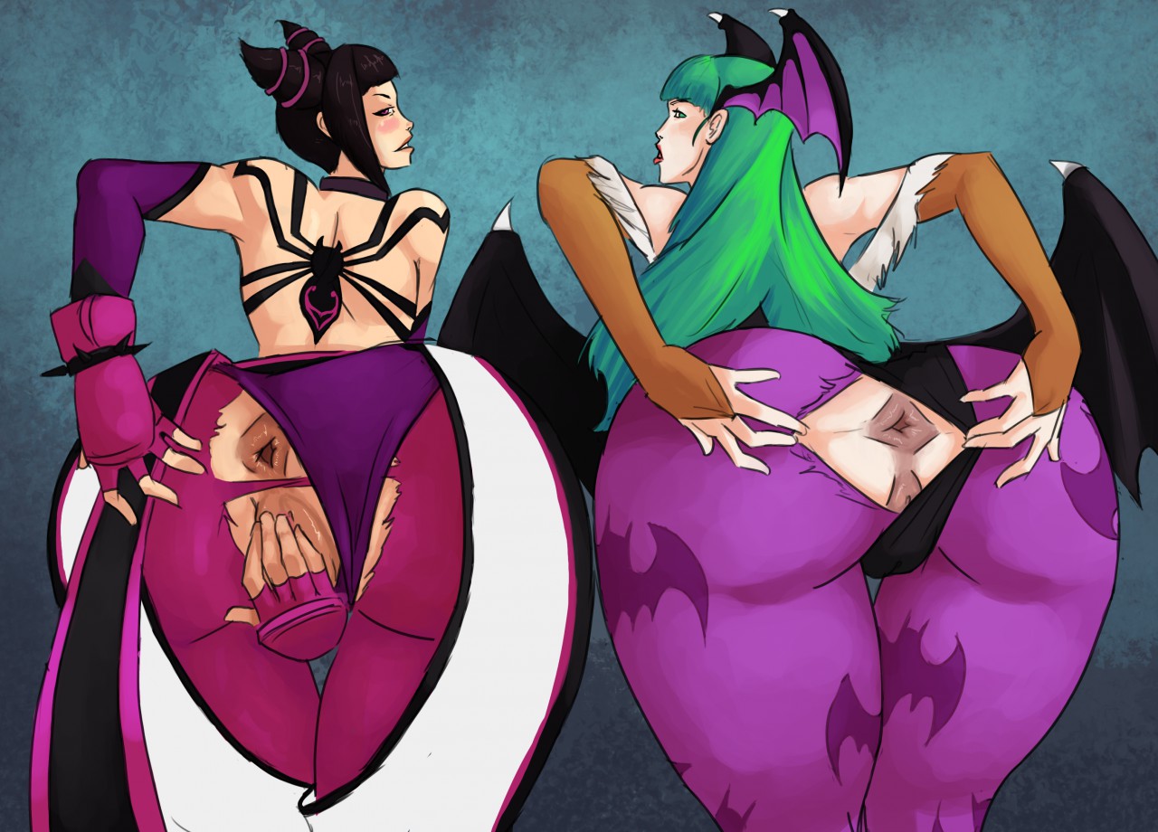 2girls, ass, back view, bangs, bat print, bent over, black hair, blunt bangs, blush, bracelet, bridal gauntlets, capcom, clothing, covering pussy, crossover, crotch cutout, darkstalkers, demon, drill hair, duo, female, female only, fingerless gloves, gaping anus, gloves, green hair, hand on ass, head wings, huge ass, human, humanoid, juri han, leggings, lipstick, long hair, looking at viewer, looking back, morrigan aensland, multiple females, multiple girls, partially visible vulva, plump labia, presenting, presenting anus, pussy, red lipstick, sidelocks, spiked bracelet, spread anus, standing, street fighter, street fighter iv, succubus, thelionfish, thigh gap, torn clothes, twin drills, very long hair, wings