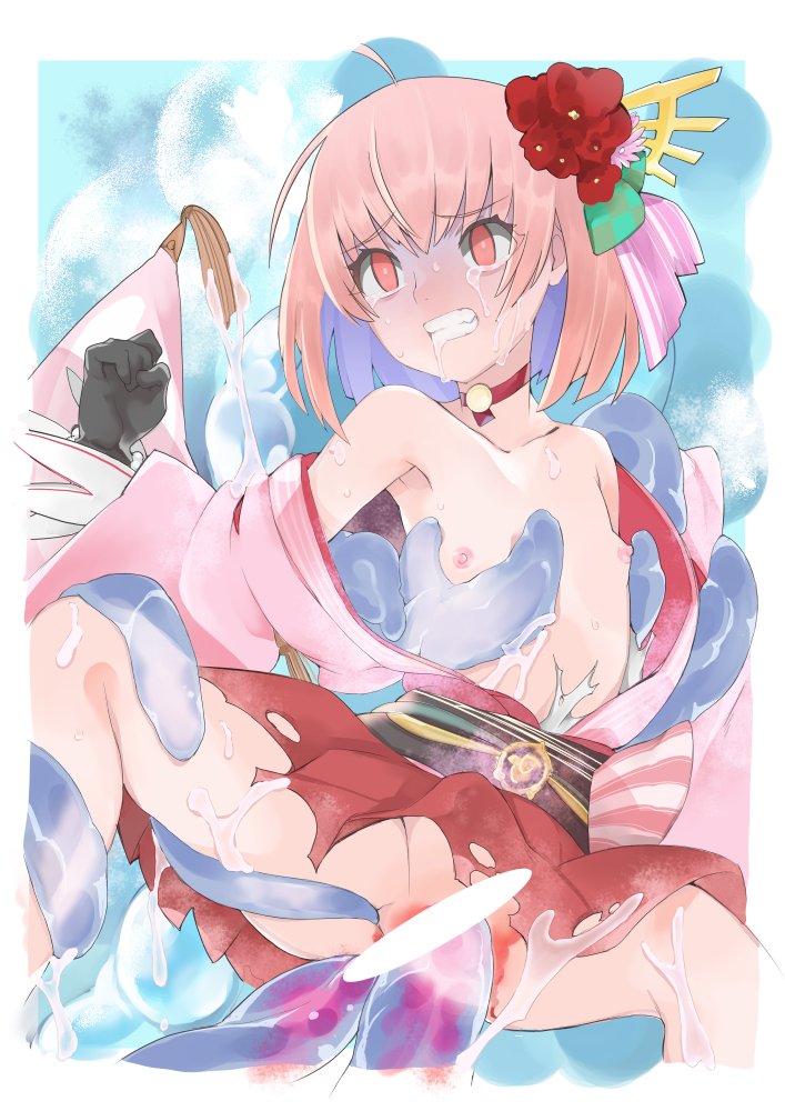 1girls anal arm_grab blood bow breast_grab censored choker clenched_hand clenched_teeth crying crying_with_eyes_open double_penetration female flat_chest flower gloves grabbing hair_ornament interspecies japanese_clothes kimono leg_grab minimaki nipples open_clothes open_kimono orange_hair rape red_eyes restrained saliva setsuna_(shironeko_project) shironeko_project short_hair slime slime_monster small_breasts spread_legs sweat tears teeth tentacle tentacle_rape torn_clothes torn_kimono vaginal_blood vaginal_penetration virgin virginal_blood