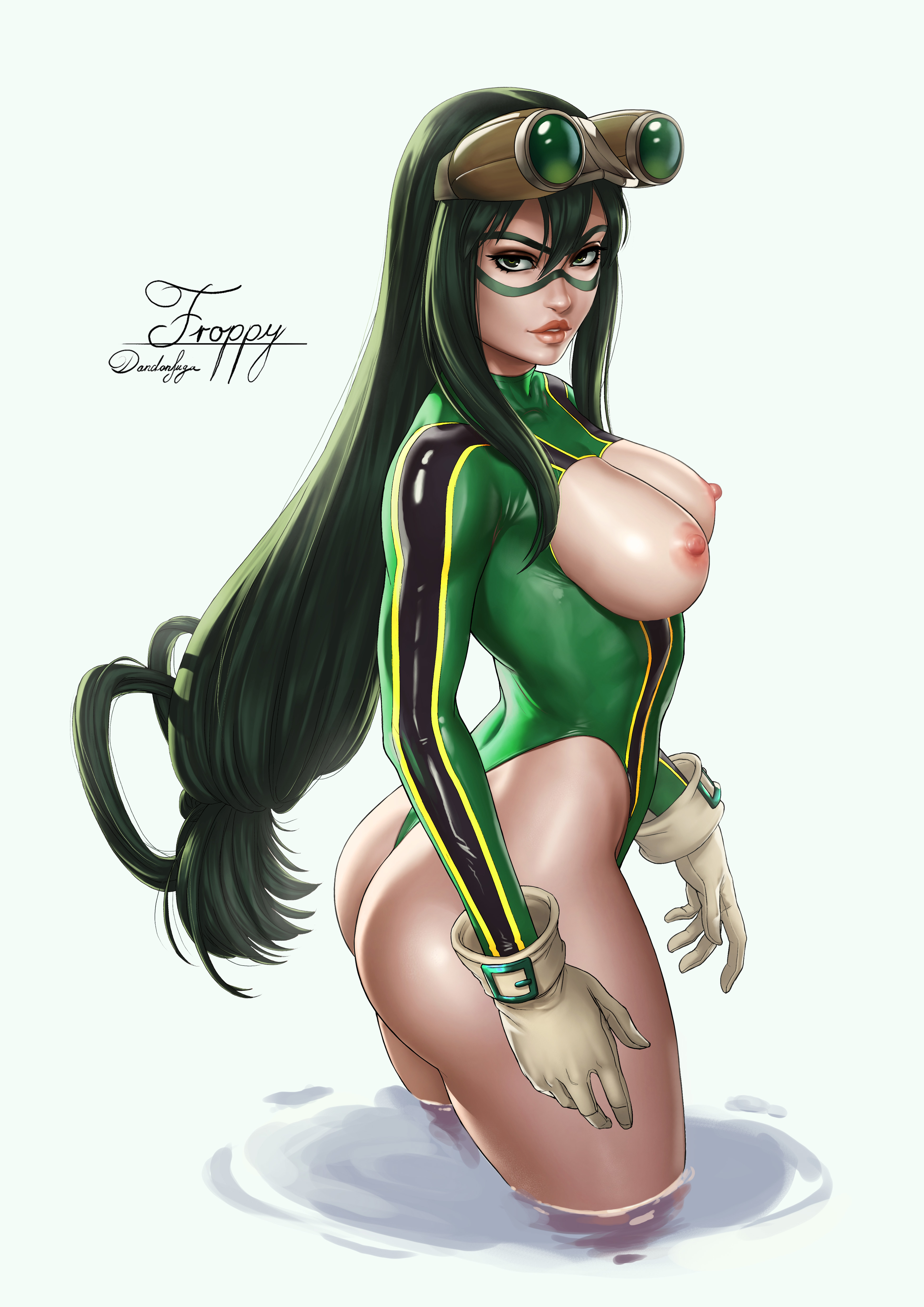 1girls, ass, black hair, bodysuit, breasts, color, dandon fuga, domino mask, eyewear, female, female only, gloves, goggles, green hair, green-haired female, hero outfit (mha), long hair, looking at viewer, mask, my hero academia, simple background, standing, thong leotard, tsuyu asui, water, white background