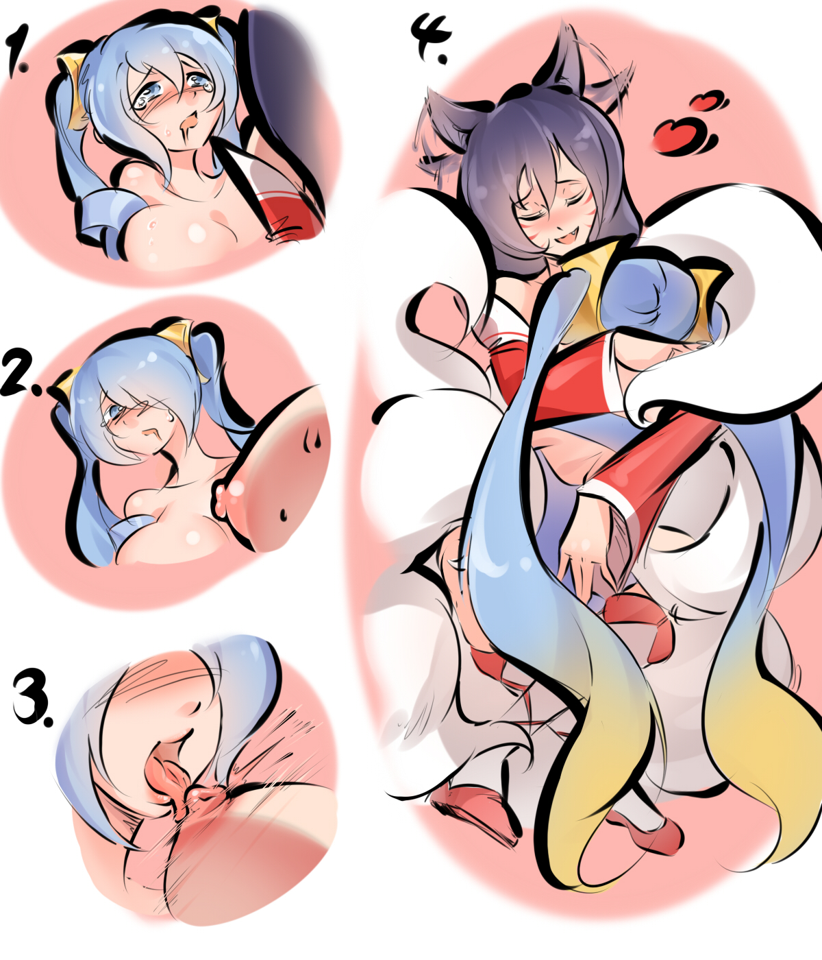 :3, 2girls, ahri, animal ears, aqua hair, bare shoulders, big breasts, black hair, blue hair, blush, braid, breast sucking, breasts, breasts out, cleavage, fangs, female, fox ears, fox tail, futa on female, futanari, heart, intersex, large breasts, league of legends, long hair, multiple females, multiple girls, nipples, ponytail, sex, sona buvelle, tail, thighhighs, tied hair, twintails, xia siren