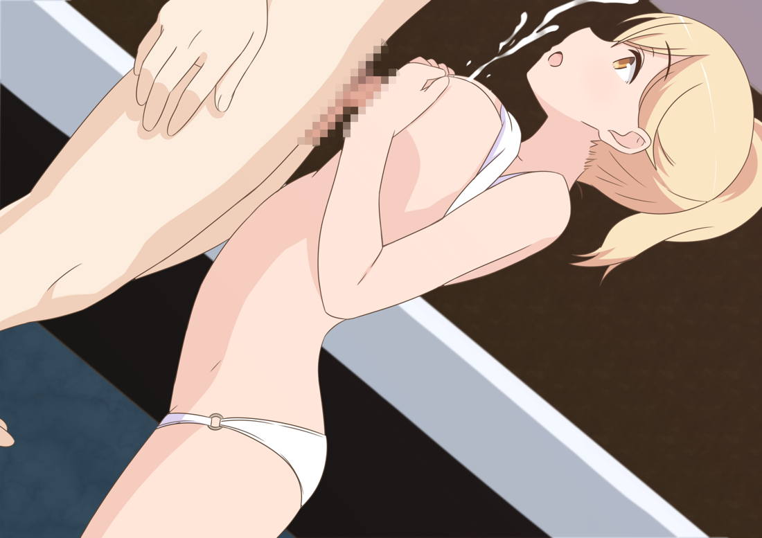 aki_shiina bare_arms bare_legs bare_shoulders bikini bikini_lift blonde_hair breast_squeeze breasts censored cum ejaculation female from_side highres large_breasts legs looking_at_another matching_hair/eyes mosaic_censoring open_mouth outercourse paizuri penis ponytail solo_focus standing sunohara_ayaka sunoharasou_no_kanrinin-san swimsuit thighs tied_hair white_bikini yellow_eyes