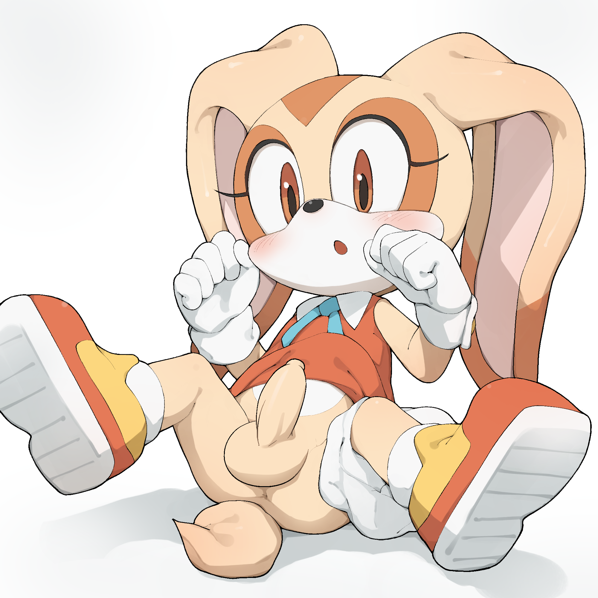 1futa, androgynous, anthro, anus, balls, blush, clothed, clothing, clothing lift, cream the rabbit, cub, dress, dress lift, flat chested, footwear, foreskin, full body, fur, furry, furry only, futa cub, futa only, futanari, gloves, intersex, lagomorph, legwear, looking at viewer, mammal, navel, open mouth, orange eyes, orange fur, panties, panties around one leg, panty pull, penis, rabbit, sega, shoes, simple background, sitting, socks, solo, sonic (series), sonic the hedgehog (series), spread legs, spreading, surprised, tail, tan fur, uncensored, uncircumcised, uncut, underwear, underwear around one leg, white background, white fur, youjomodoki, young, younger futa