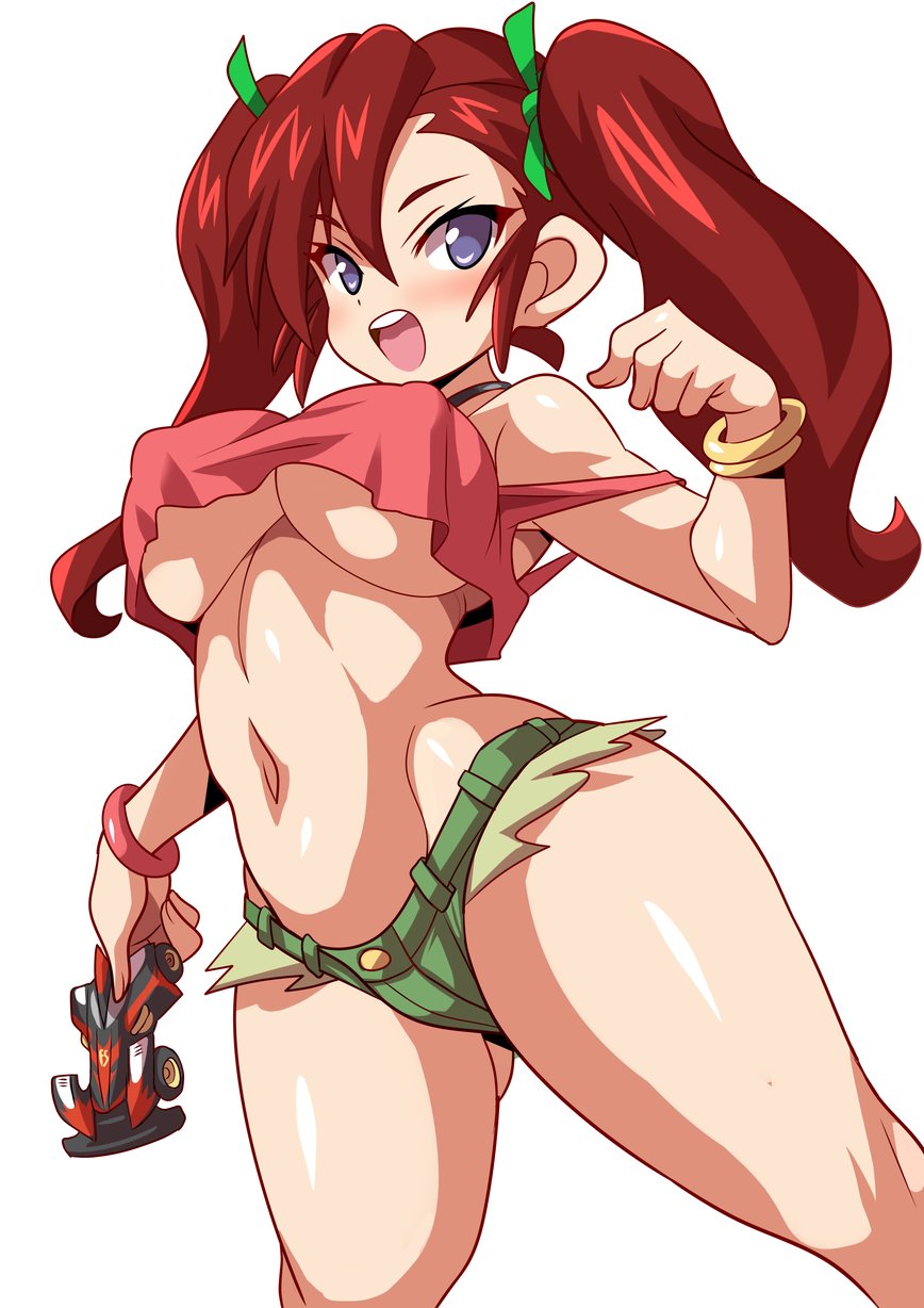 1girls anime_style bakusou_kyoudai_let's_and_go big_breasts blush breasts cleavage female female_only konno_tohiro large_breasts looking_at_viewer marina_ohgami open_mouth red_hair shorts solo twintails underboob