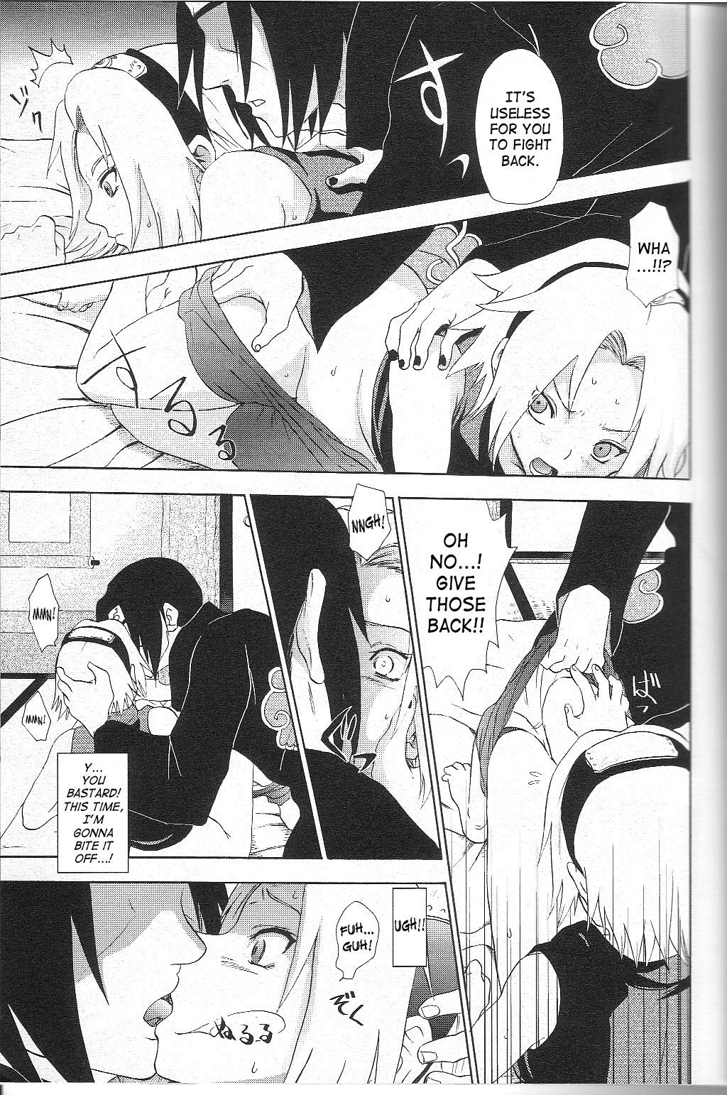 akatsuki akatsuki_(naruto) bondage comic dialogue doujinshi english_text female headband human kissing koala_machine kuroageha male monochrome naruto naruto_shippuden ninja sakura_haruno text uchiha_itachi