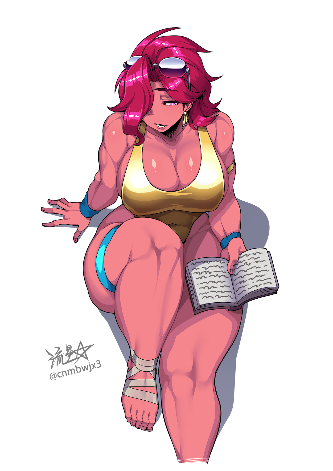 1girls, belly, belly button, big breasts, breasts, child bearing hips, cnmbwjx, earrings, female, female focus, female only, genderswap (mtf), glasses, glasses on head, long hair, magnus the red, nipples, nipples visible through clothing, no bra, no panties, primarch, reading, reading book, red body, red eyes, red hair, rule 63, ryuusei (mark ii), thick hips, thick legs, thick thighs, warhammer (franchise), warhammer 40k