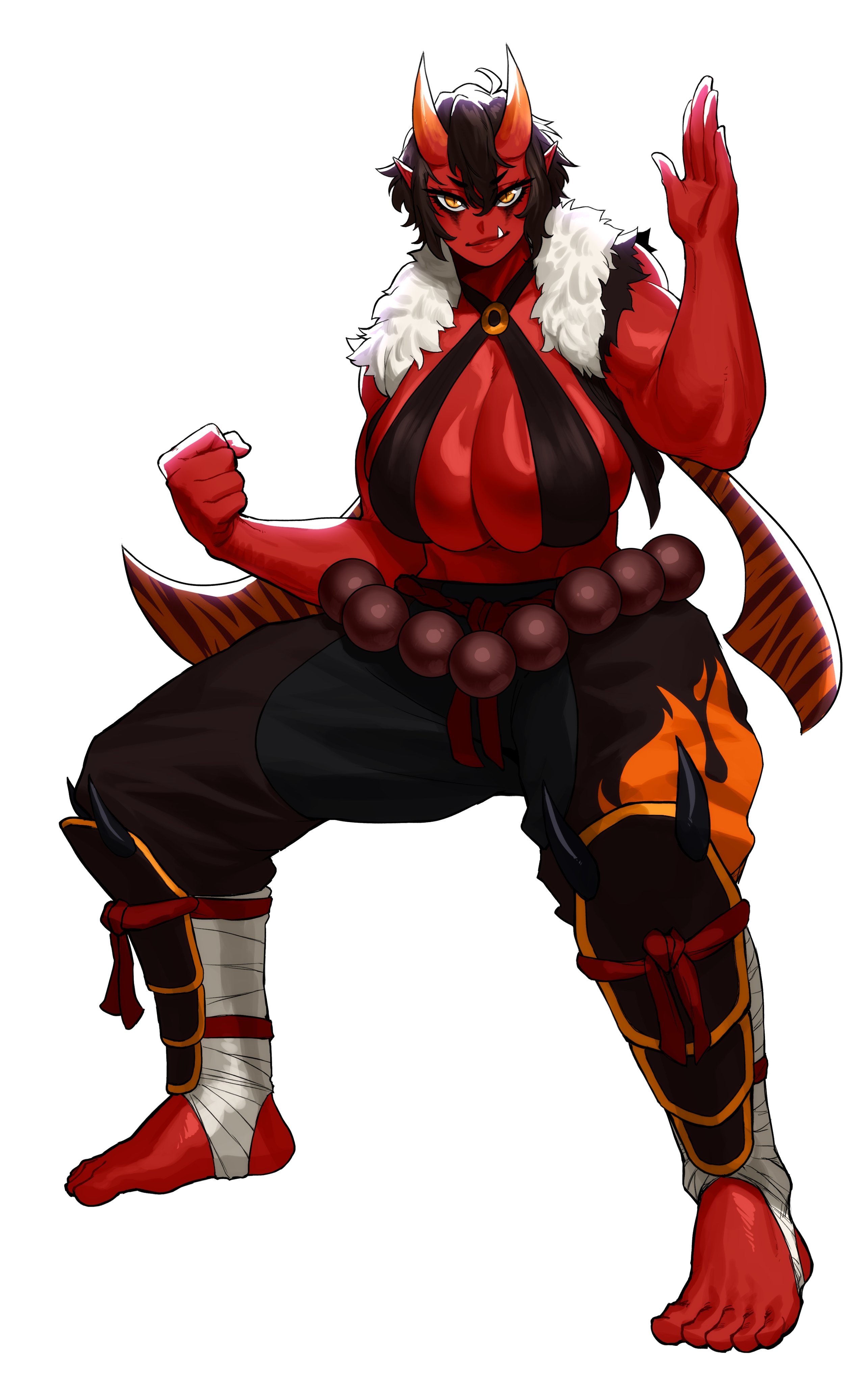 1girls, absurd res, bandage, bandaged leg, barefoot, big breasts, black hair, breasts, commission, fangs, female, female only, fighting stance, full body, horns, huge breasts, japanese clothes, japanese mythology, looking at viewer, muscular, muscular female, oni, oni female, oni horns, pointy ears, red skin, smiling, smiling at viewer, solo, sotcho, white background, yellow eyes