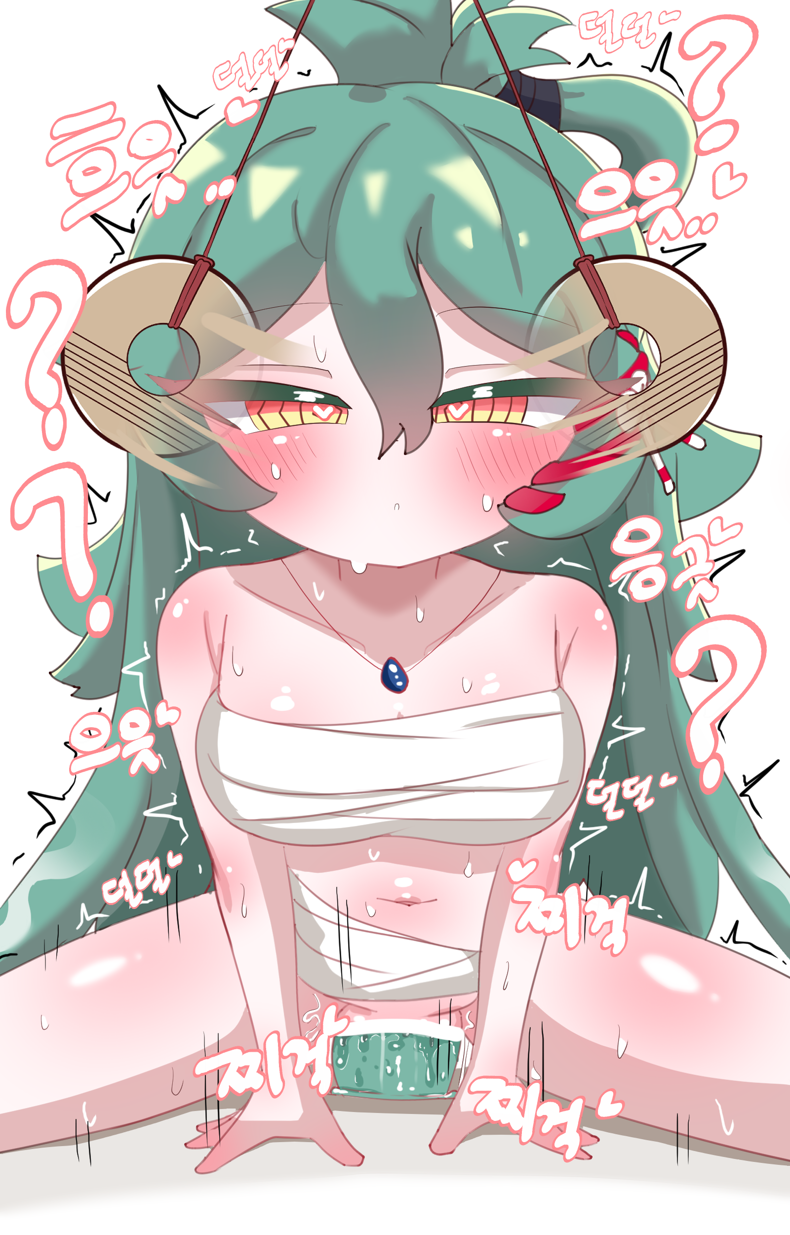 1girls, bandage, breasts, chest wraps, clothing, dildo, dildo in pussy, dildo riding, female, female only, full body, green hair, heart-shaped pupils, hypnosis, long hair, masturbation, medium breasts, mind control, pendulum, pussy, sarashi, shuro (trickcal re:vive), shuro (trickcal), solo, spread legs, trickcal re:vive