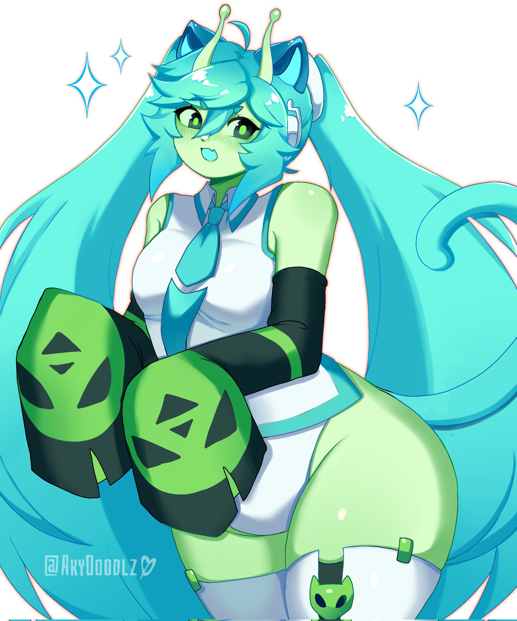1girl, akydoodlz, alien, alien girl, animal ears, antennae, aqua hair, artist name, blue necktie, blush, breasts, cat ears, cat tail, colored skin, detached sleeves, fang, female, glorpi miku (dyarikku), green eyes, green skin, hatsune miku, jazyowo, long hair, looking at viewer, necktie, open mouth, sega, shirt, sleeves past fingers, sleeves past wrists, solo, tail, thick, thick thighs, thighhighs, thighs, twintails, very long hair, vocaloid, white shirt