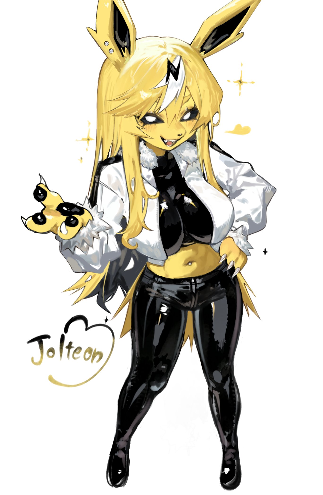1girls, 3 toes, anthro, black sclera, blonde hair, clothed, clothing, eeveelution, english text, female, female only, hand on hip, hi res, jolteon, long hair, looking at viewer, nintendo, open mouth, pawpads, pokemon, pokemon (species), sharp fingernails, smiling, smiling at viewer, solo, text, toge77789, togetoge, white background, white eyes