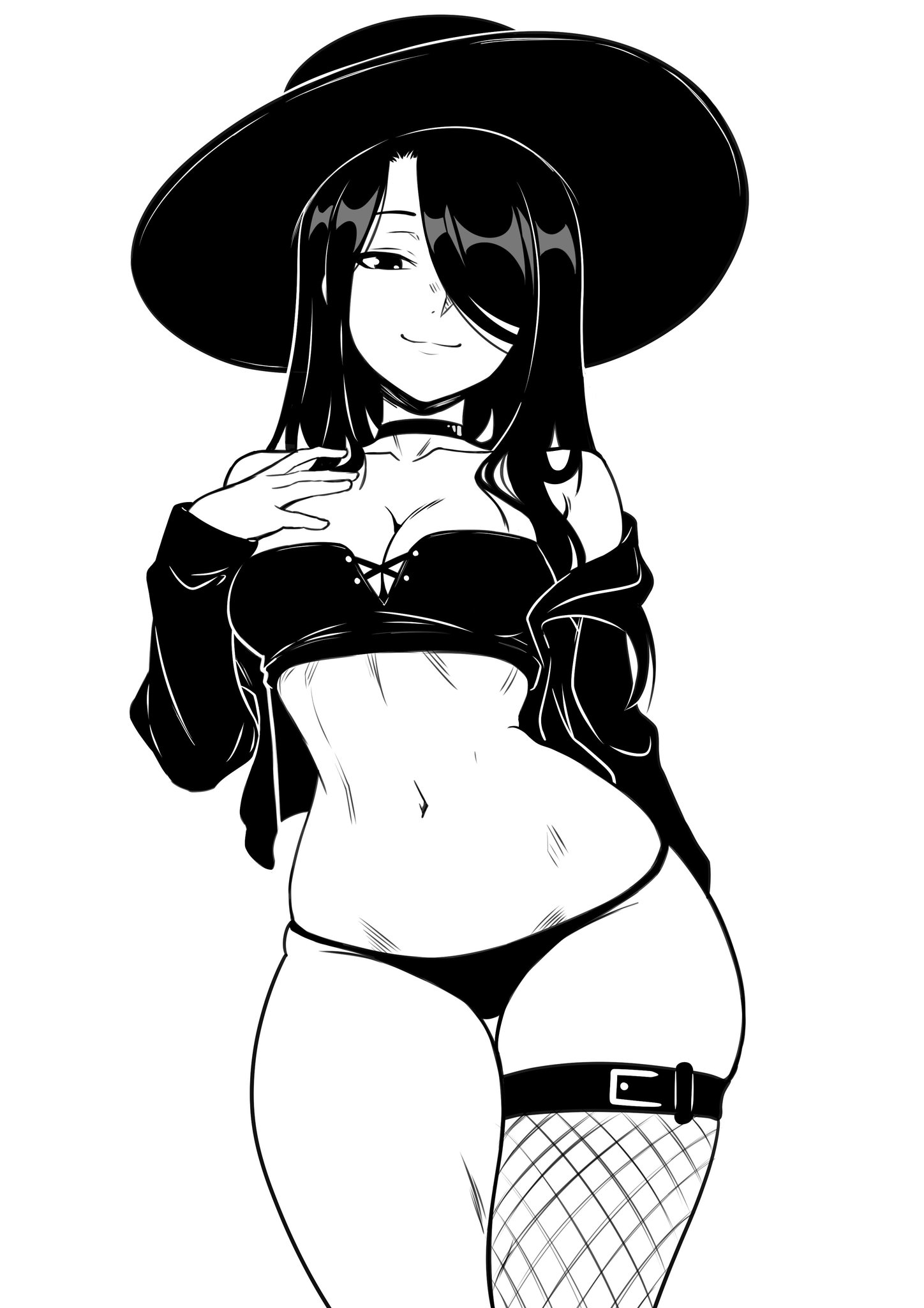 black and white, breasts, dark hair, female, female torso, hair over one eye, hat, long hair, monochrome, nila (telepurte), theoiledone, thighs