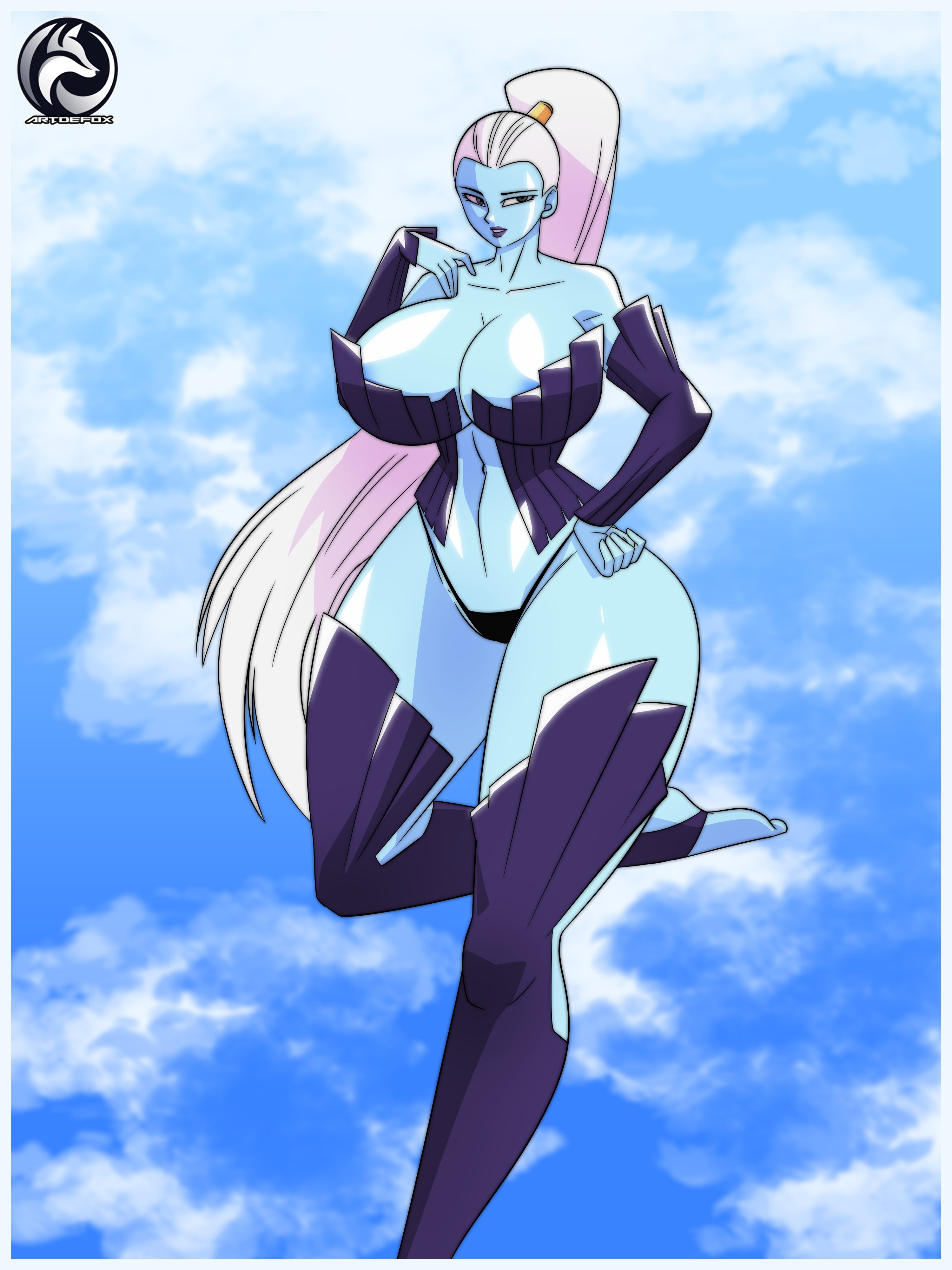 1girls, 3:4, alternate costume, artdefox, ass, big breasts, blue skin, breasts, cleavage, cosplay, curvy, curvy figure, dragon ball, dragon ball super, female, female only, hi res, highres, huge breasts, kuroinu ~kedakaki seijo wa hakudaku ni somaru~, large breasts, long hair, olga discordia (cosplay), ponytail, thick thighs, thighs bigger than head, vados, very long hair, white hair