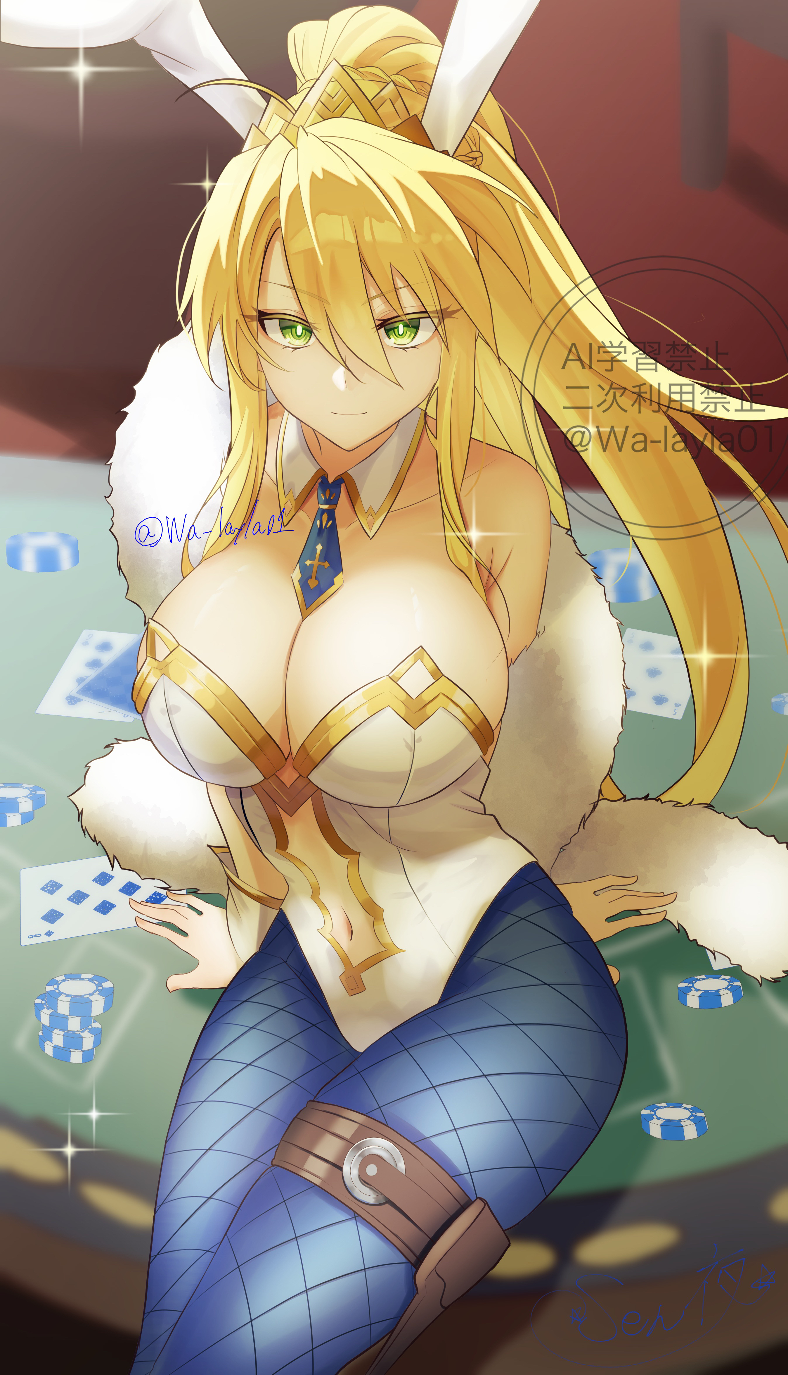 1girls, absurdres, animal ears, artoria pendragon, artoria pendragon (fate), artoria pendragon (swimsuit ruler), artoria pendragon (swimsuit ruler) (fate), artoria pendragon (swimsuit ruler) (first ascension) (fate), bare shoulders, big breasts, blonde hair, blue necktie, blue pantyhose, breasts, bunny ears, bunnysuit, card, casino, cleavage, collar, commentary request, cowboy shot, fake animal ears, fate (series), fate/grand order, female, female only, fishnet pantyhose, fishnets, gambling, green eyes, highres, huge breasts, large breasts, leotard, light-skinned female, long hair, necktie, pantyhose, playboy bunny, roulette table, sitting, solo, table, very long hair, wa layla, white collar, white leotard