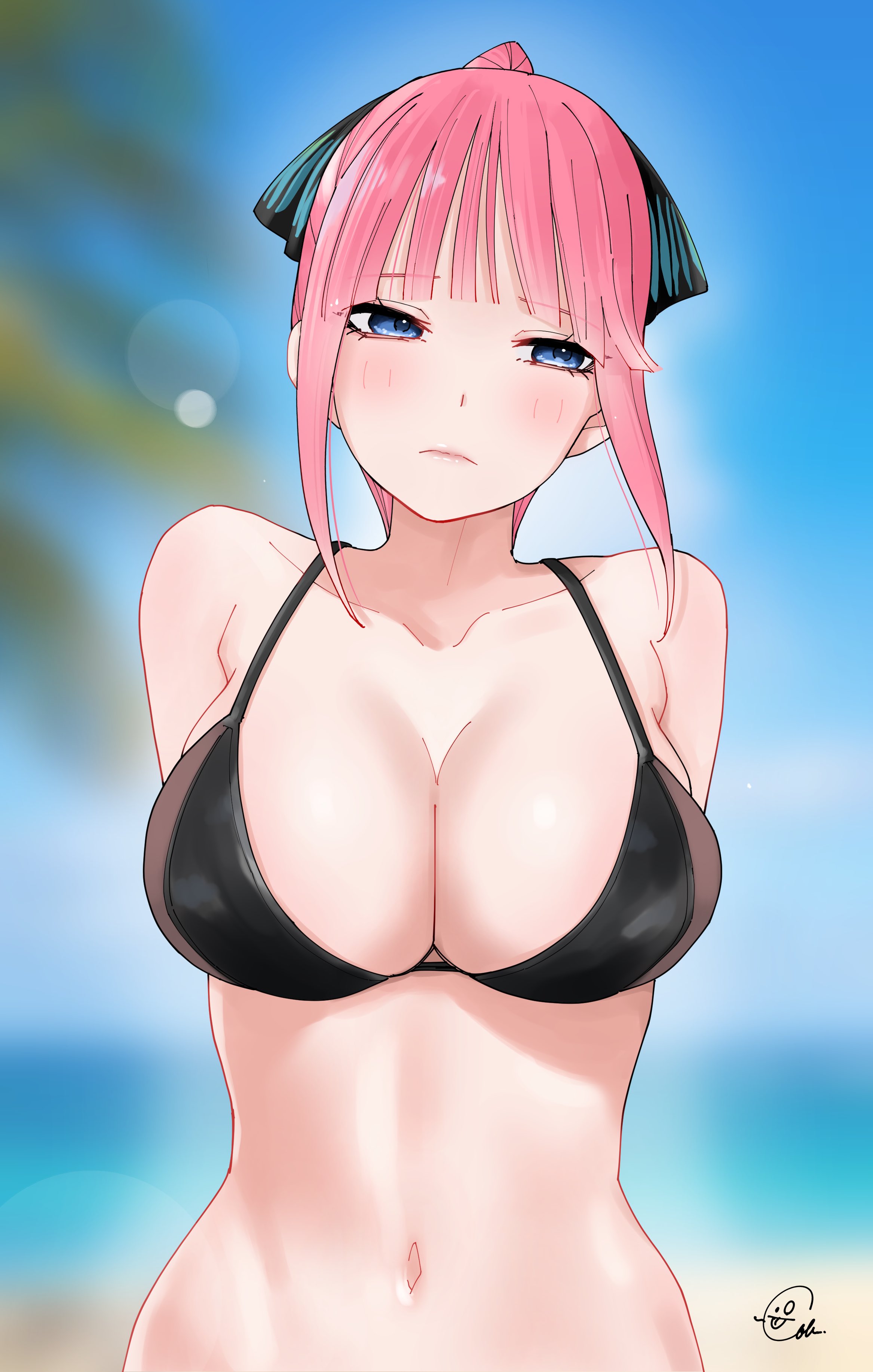 arms behind back, bikini, breasts, female, go-toubun no hanayome, huge breasts, lips, nakano nino, narrow waist, signature, slender waist, upper body, worried