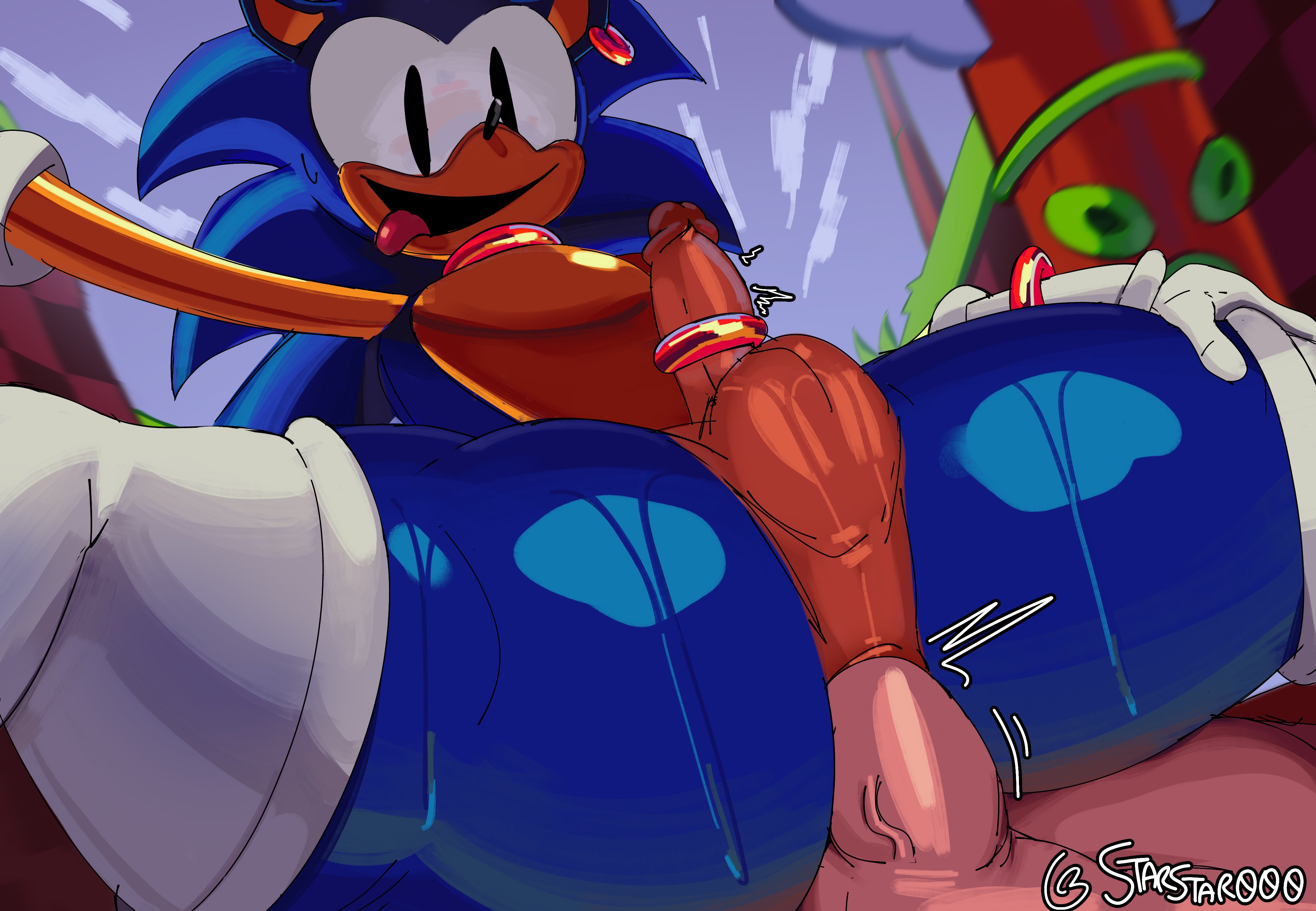 2male, anal sex, femboy, gloves, male, male focus, male only, male penetrated, male penetrating, male penetrating anthro, male penetrating male, male/male, reverse cowgirl position, rewrite (sonic.exe), socks, sonic.exe (series), starstar000, thick thighs
