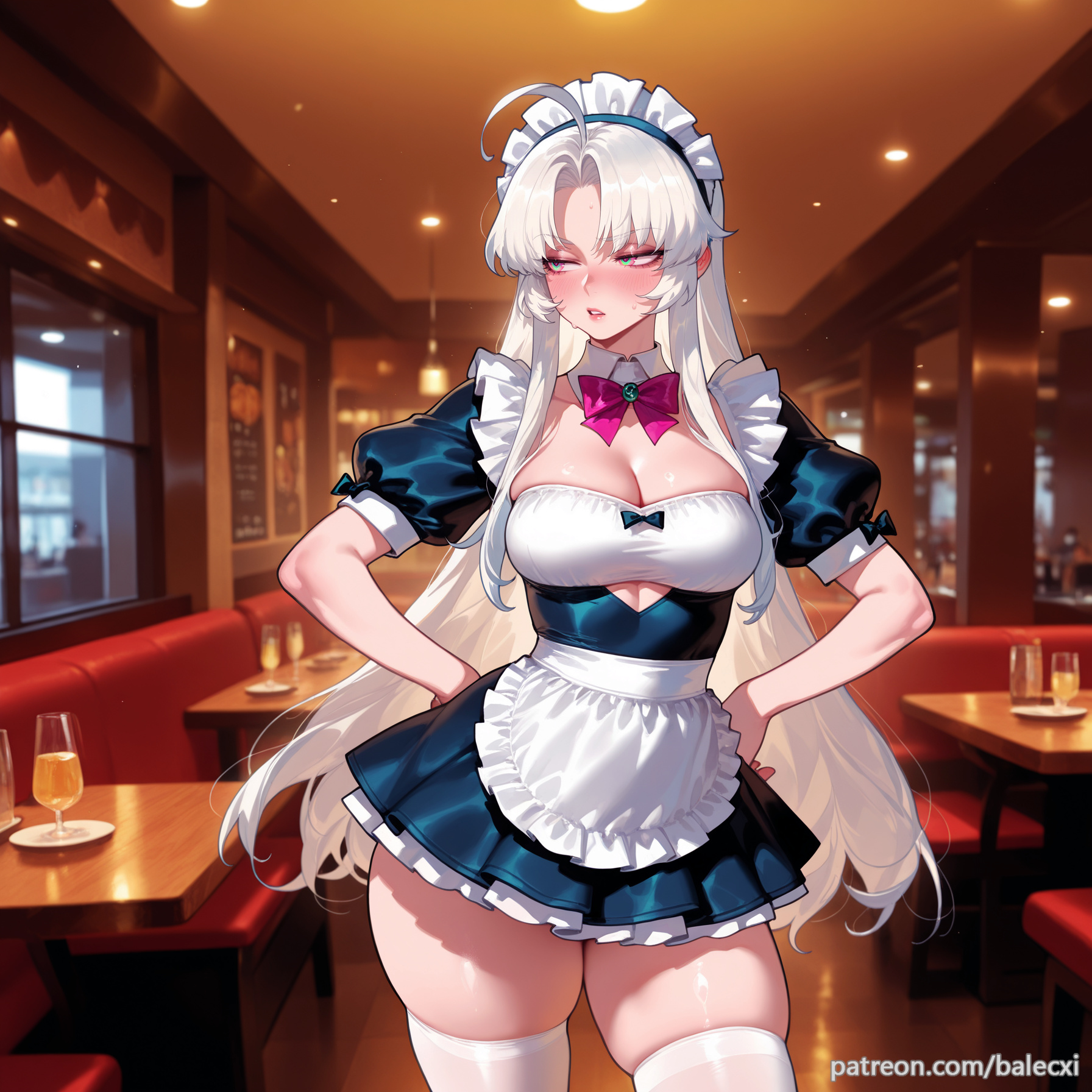 ahoge, ai generated, apron, balecxi, blush, bow, breasts, carlotta (wuthering waves), cleavage, dress, female, hands on own hips, indoors, large breasts, long hair, maid, maid headdress, patreon username, puffy short sleeves, puffy sleeves, short sleeves, skindentation, solo, thighs, white hair, white thighhighs, wuthering waves
