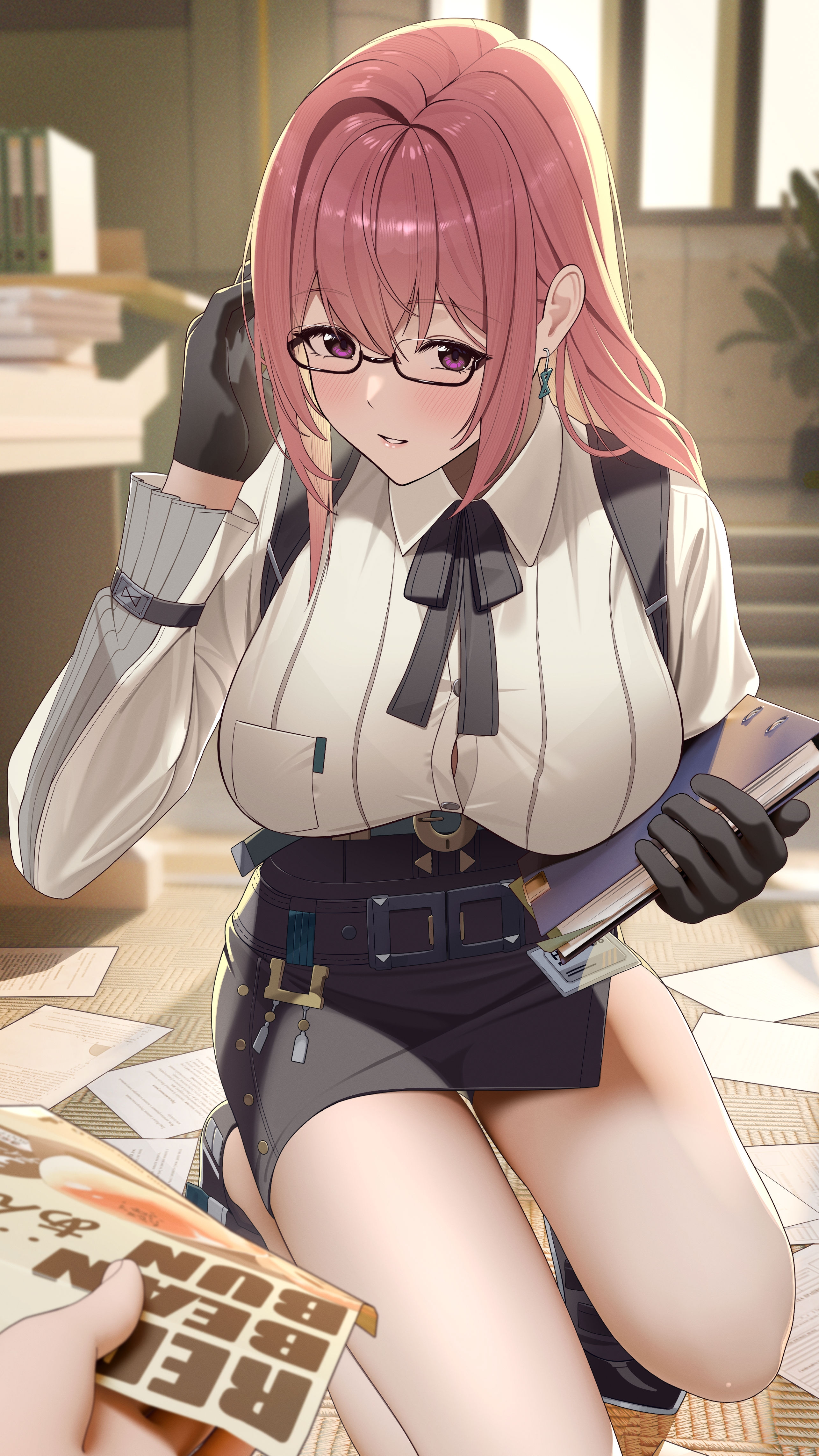 1boy, absurdres, bare legs, black gloves, black ribbon, black shoes, black skirt, black-framed eyewear, blush, breasts, button gap, collared shirt, commentary request, earrings, female, folder, glasses, gloves, hair between eyes, hand up, high-waist skirt, highres, holding, holding folder, huge breasts, id card, indoors, jewelry, jumonji, large variant set, legs, light smile, long hair, long sleeves, looking at viewer, male, md5 mismatch, messy room, neck ribbon, office, paid reward available, parted lips, partial commentary, pink eyes, pink hair, pov, pov hands, ribbon, semi-rimless eyewear, shirt, shoes, sidelocks, skirt, solo focus, squatting, tsukishiro yanagi, under-rim eyewear, variant set, white shirt, zenless zone zero