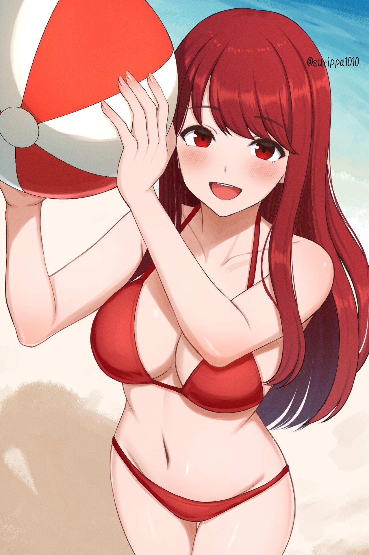 1girls, bare arms, bare shoulders, beach, bikini, blush, breasts, cleavage, commission, day, female, female only, halterneck, hands up, highres, holding, kasumi yoshizawa, large breasts, long hair, looking at viewer, navel, no eyewear, open mouth, outdoors, persona, persona 5, red bikini, red eyes, red hair, skeb commission, smile, solo, stomach, string bikini, sumire yoshizawa, surippa1010, swimsuit