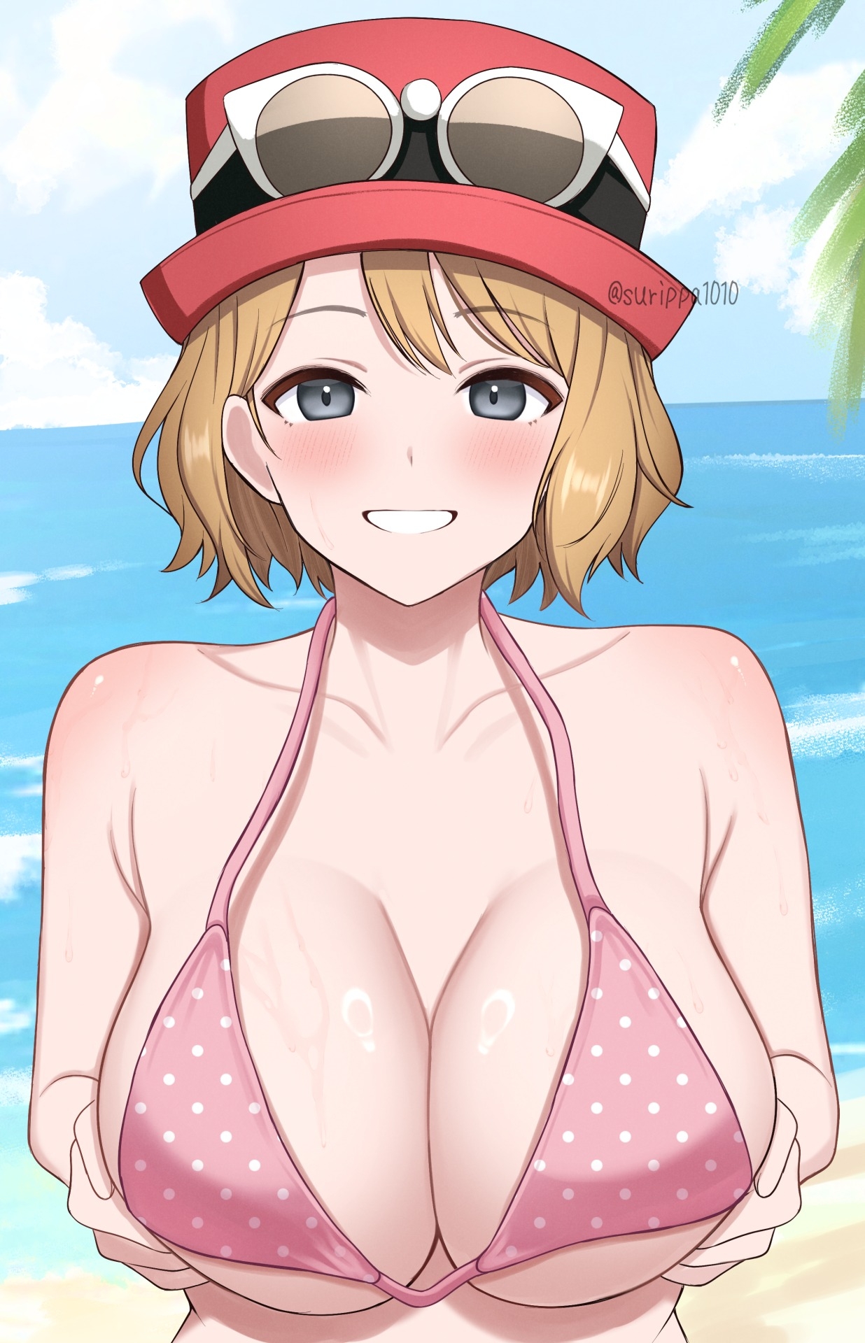 1girls, armpit crease, beach, bikini, blonde hair, blue sky, breasts, cleavage, cloud, collarbone, commentary request, day, eyewear on headwear, female, female only, game freak, grey eyes, grin, hat, highres, large breasts, looking at viewer, nintendo, ocean, outdoors, pink bikini, pokemon, pokemon (anime), pokemon xy (anime), red hat, serena (pokemon), short hair, sky, smile, solo, sunglasses, surippa1010, swimsuit, upper body, white-framed eyewear