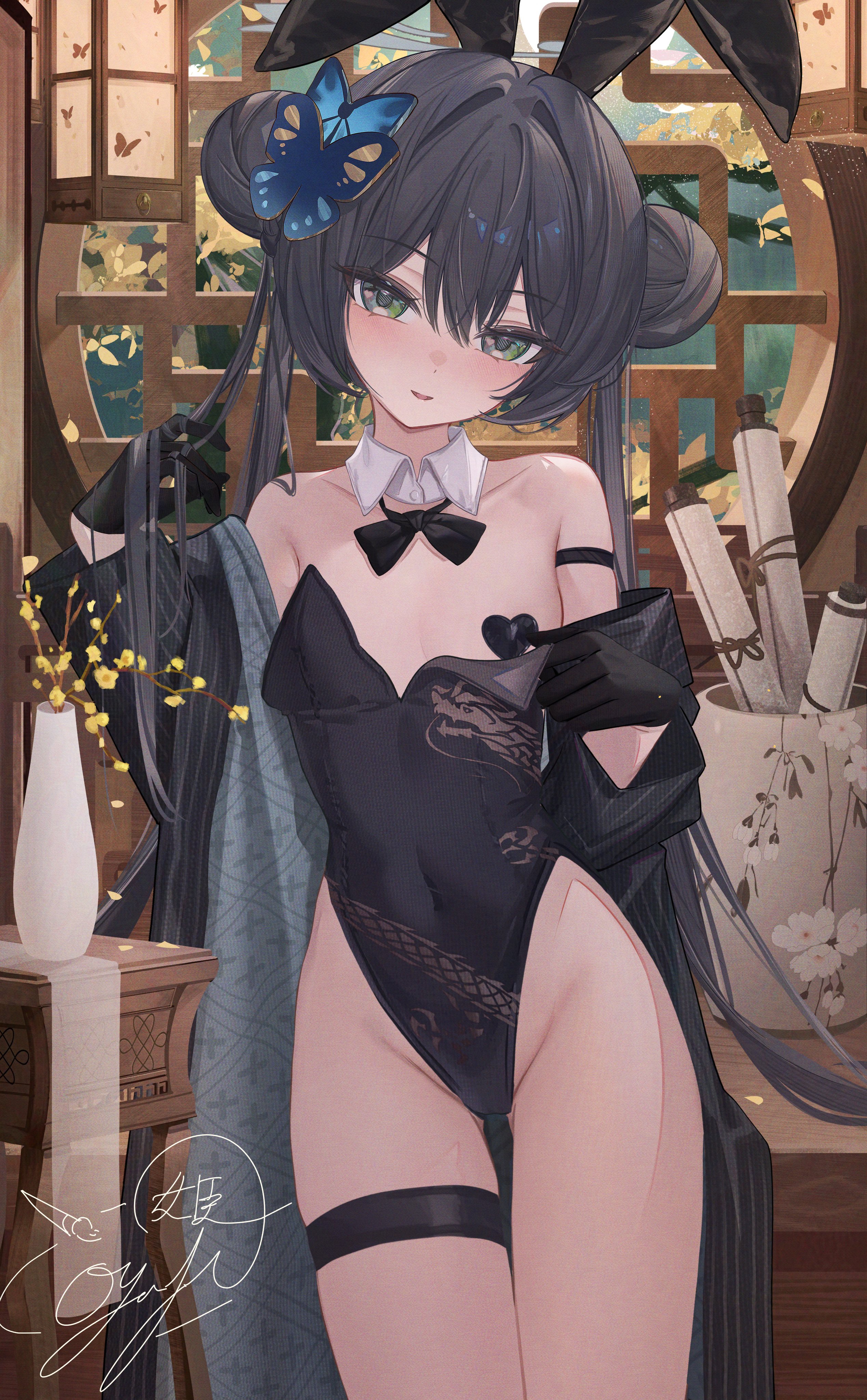 absurdres, alternate costume, animal ear hairband, animal ears, bare shoulders, black bow, black bowtie, black gloves, black hairband, black jacket, black leotard, blue archive, blush, bow, bowtie, breasts, butterfly hair ornament, collarbone, commentary, detached collar, double bun, dragon print, fake animal ears, female, gloves, hair between eyes, hair bun, hair ornament, hairband, hand in own hair, heart pasties, highleg, highleg leotard, highres, indoors, jacket, kisaki (blue archive), leotard, leotard pull, long hair, looking at viewer, open clothes, open jacket, open mouth, oyaji hime, pasties, playboy bunny, rabbit ear hairband, rabbit ears, sidelocks, small breasts, solo, striped clothes, striped jacket, thigh strap, twintails, vertical-striped clothes, vertical-striped jacket