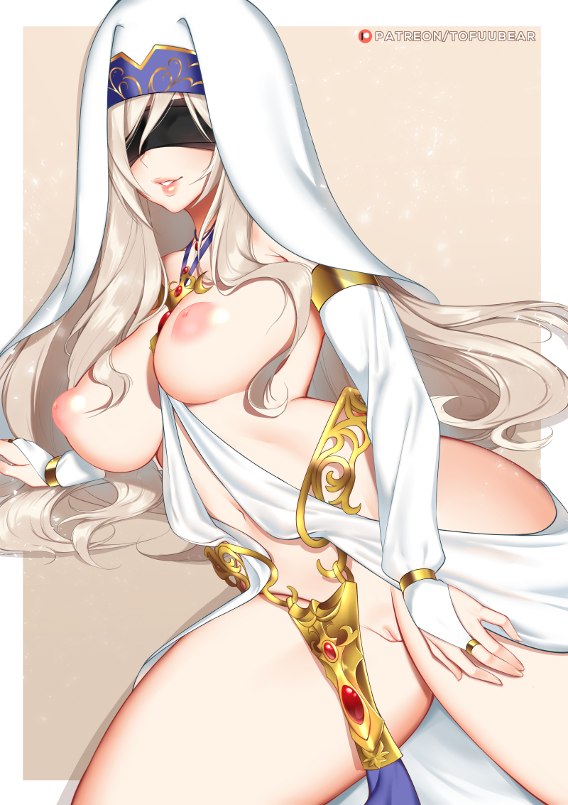 areolae, big breasts, breasts, female, female only, goblin slayer, gold background, higher resolution available, large breasts, nipples, pussy, shaved pussy, solo, sword maiden (goblin slayer), tofuubear, white background