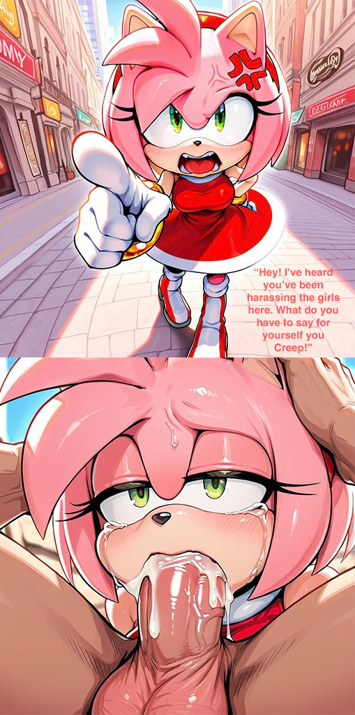 ai generated, amy rose, anger vein, angry, anthro, bad end, badendbat (artist), civitai, crying, cum in mouth, defeated, dialogue, eyelashes, eyes, fellatio, female, forced, green, hands on head, human, human on anthro, instant loss 2koma, male, male/female, open mouth, oral, pink fur, pointing at viewer, rape, raped, red dress, sonic (series), tears
