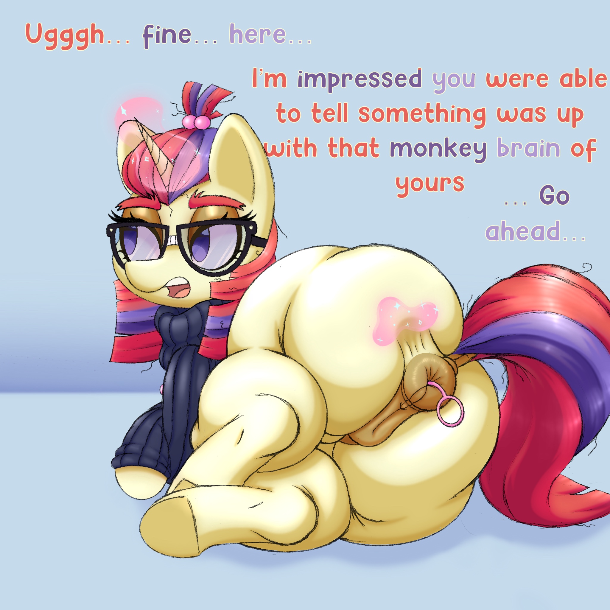 1girls, anal beads, anal beads in ass, anatomically correct genitalia, anatomically correct pussy, animal genitalia, ass, behind view, big ass, big butt, blue background, bottomless, bubble butt, clothing, curvaceous, curvy, curvy figure, dialogue, donut anus, english text, equine, equine genitalia, equine pussy, female, female only, feral, friendship is magic, glasses, hasbro, horn, huge ass, long hair, looking back at viewer, magic, messy hair, moondancer (mlp), mostly nude, multicolored hair, my little pony, neet, on side, open mouth, ponut, pony, puffy anus, purple eyes, purple hair, pussy, red hair, sex toy, solo, solo female, spread ass, sweater, tail, talking to viewer, text, theboneapple, thick thighs, unicorn, voluptuous, voluptuous female, wide hips