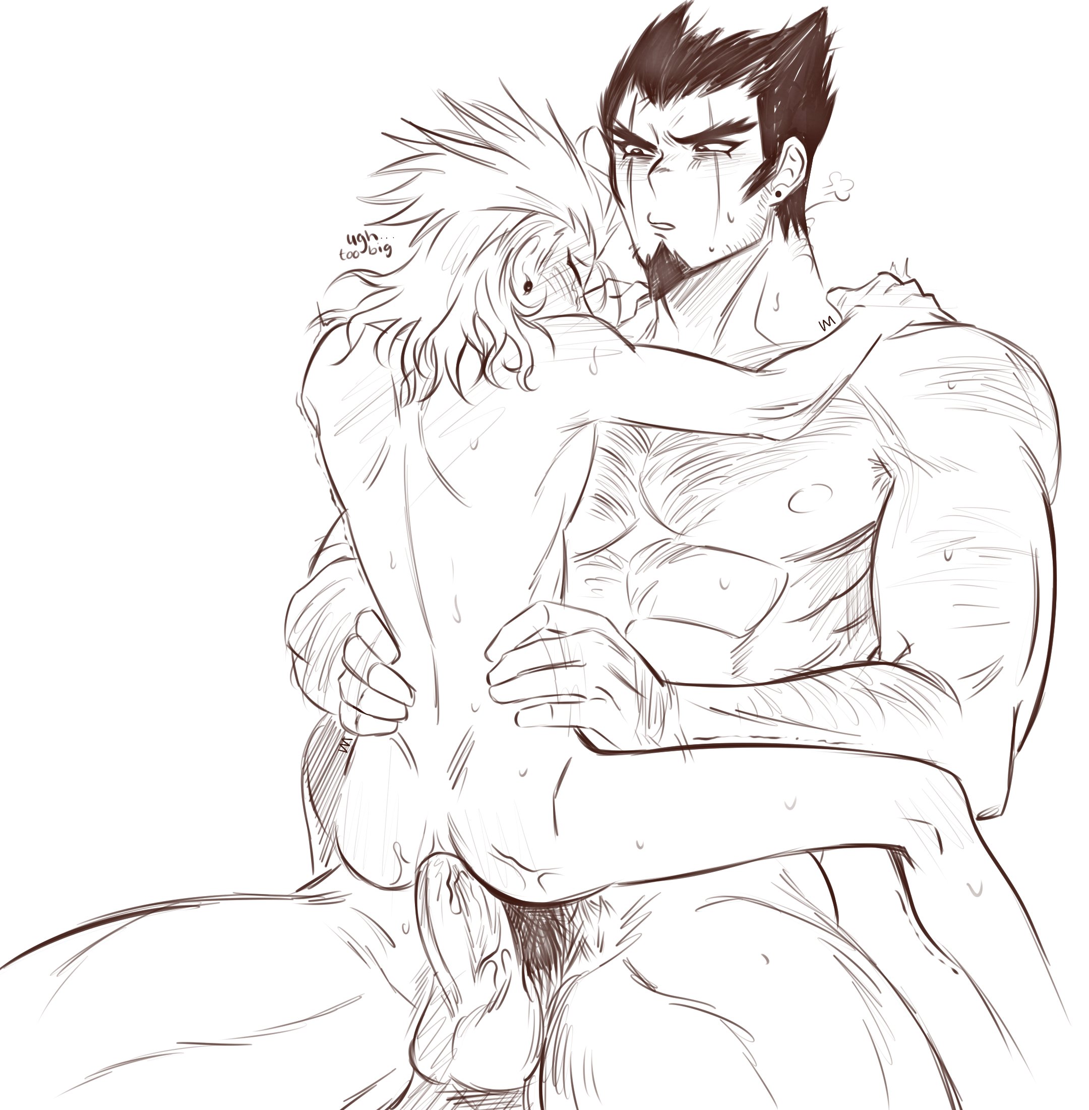 2boys, anal, anal penetration, big penis, crying, danganronpa, danganronpa 2: goodbye despair, danganronpa 2x2, hairy, kazuichi souda, male, male only, nidai nekomaru, penis, pubic hair, size difference, sweat, veggiemist, yaoi