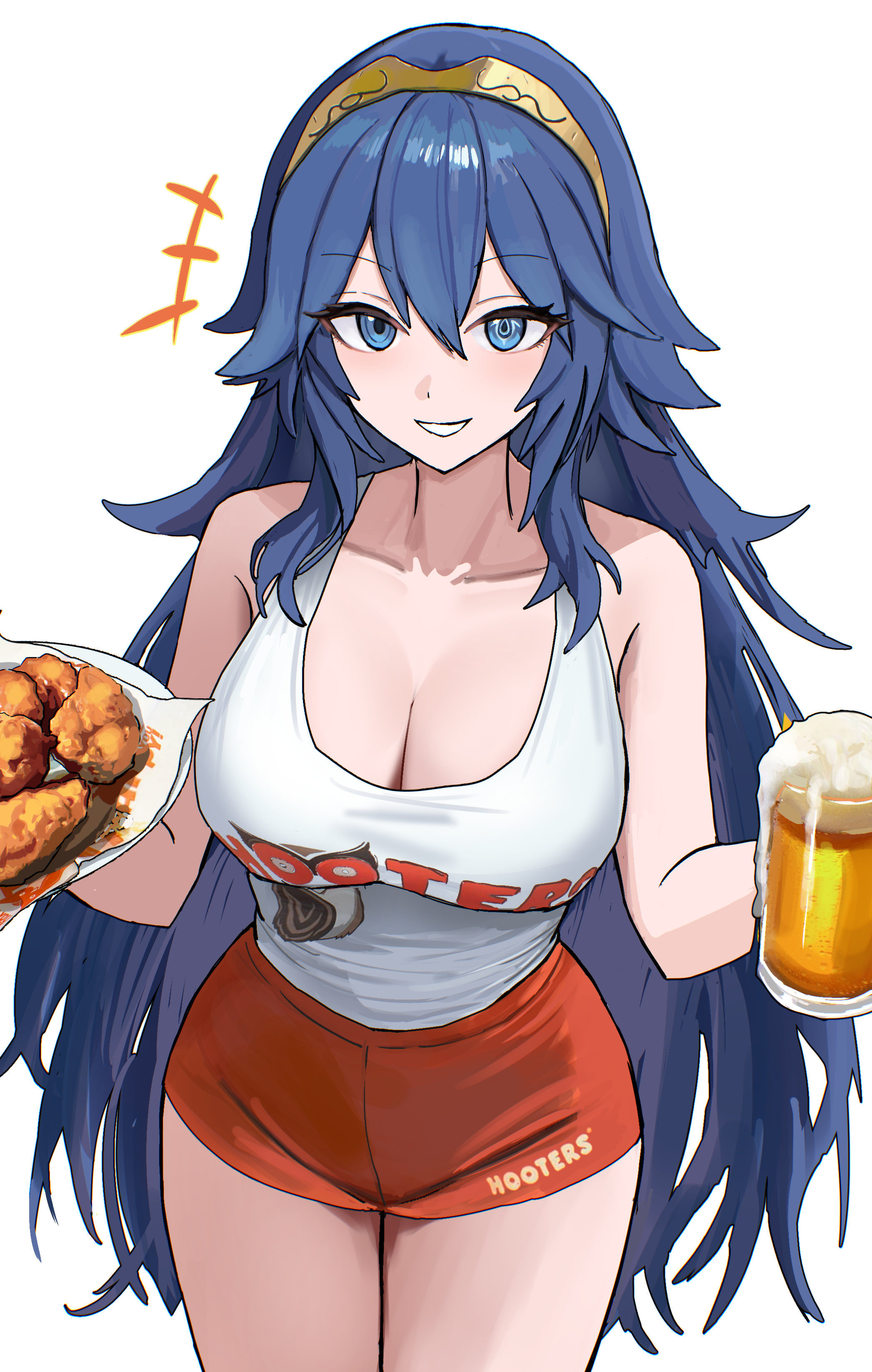 1girls, absurdres, alcohol, alternate costume, bare shoulders, beer mug, bird, blue eyes, blue hair, brand of the exalt, breasts, chicken (food), chicken wing, cleavage, collarbone, commentary, cup, dolphin shorts, employee uniform, female, female only, fire emblem, fire emblem awakening, fire emblem heroes, food, gluteal fold, hair between eyes, heterochromia, highres, holding, holding plate, hooters, large breasts, long hair, looking at viewer, lucina (fire emblem), medium breasts, mug, nintendo, orange shorts, plate, print tank top, purple z, ranch (sauce), short shorts, shorts, simple background, skrillex li, smile, solo, star (symbol), symbol-shaped pupils, tank top, thighs, tiara, very long hair, waitress, white background, white tank top