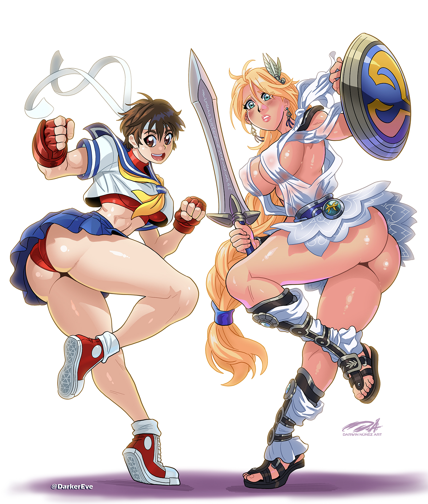 2girls, ass, back view, bandai namco, bent leg, blonde hair, blue eyes, blush, breasts, brown eyes, brown hair, capcom, crossover, darkereve, female, female only, hi res, looking at viewer, looking back, looking back at viewer, sakura kasugano, shield, sideboob, smiling, smiling at viewer, solo, sophitia alexandra, soul calibur, standing on one leg, street fighter, sword, thick ass, thick thighs, white background