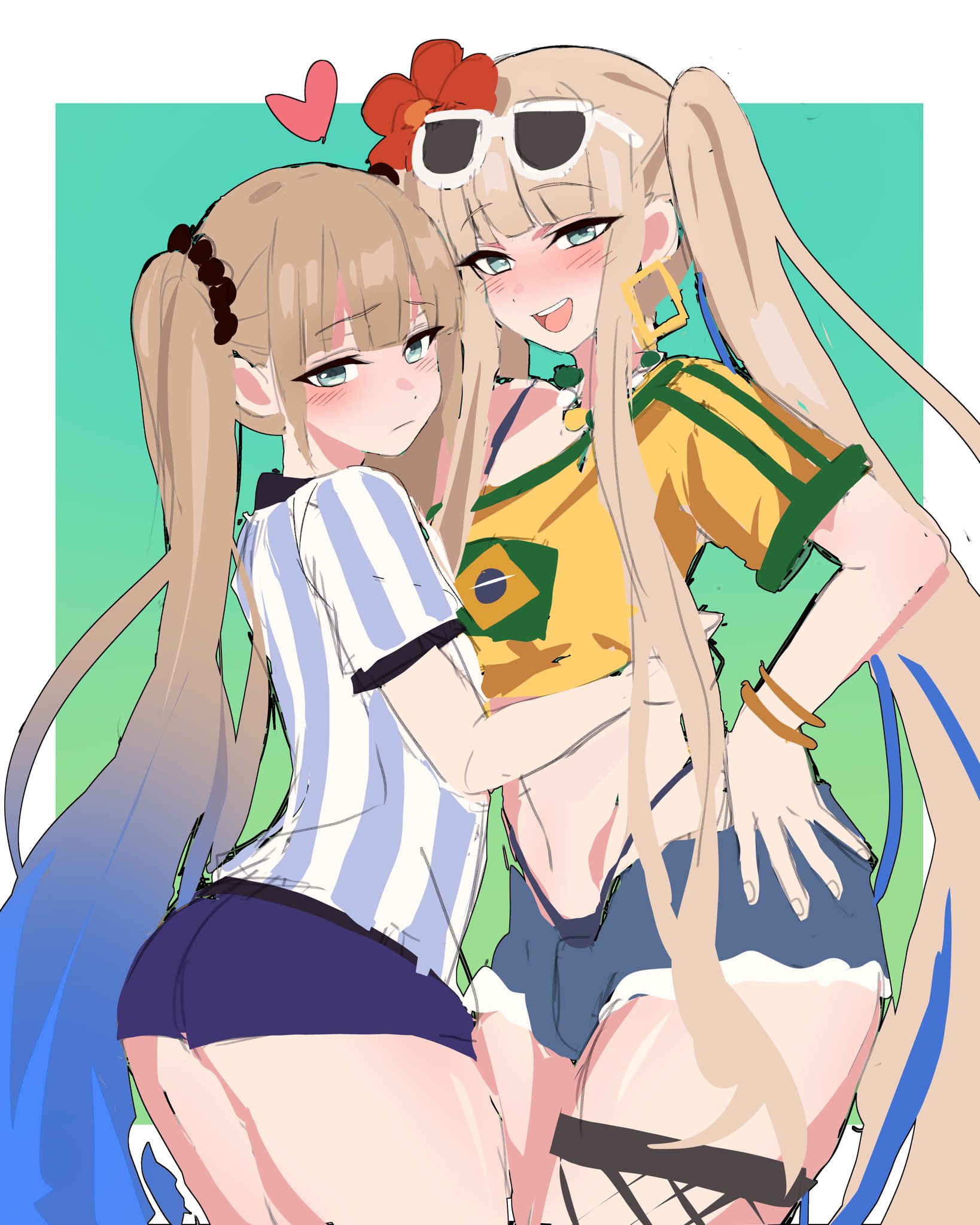 2boys, alternate self, androgynous, argentinian miku (cosplay), back view, bare shoulders, blue eyes, blue hair, blush, bracelet, brazilian miku (cosplay), bulge, bunnysuit, cosplay, ear piercing, earrings, fate (series), fate/grand order, femboy, femboy focus, femboy only, fishnets, girly, gray hai, hair flower, human, light skin, light-skinned femboy, light-skinned male, long hair, looking at viewer, looking back, male, male focus, male only, midriff, multicolored hair, multiple boys, multiple males, nemo (fate), noah (fate), open mouth, pose, posing, shiny, shiny skin, short shorts, simple background, sketch, standing, sunglasses, sunglasses on head, sweat, thong, tied hair, trap, vein, very long hair, zanegoodell