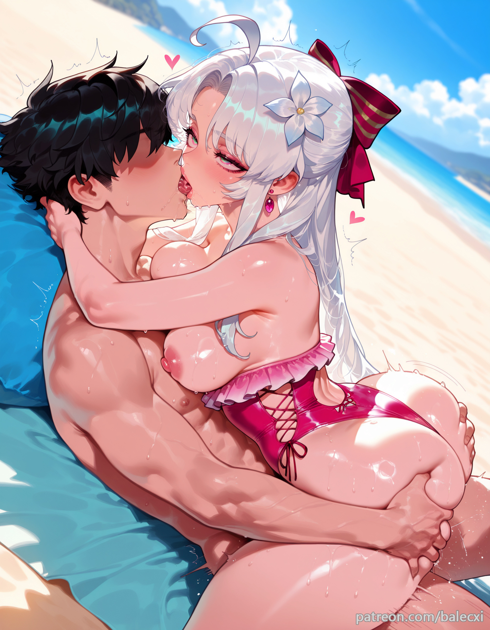 1boy, ahoge, ai generated, ass, ass grab, balecxi, beach, black hair, blush, bow, breasts, carlotta (wuthering waves), cowgirl position, day, earrings, female, french kiss, hair flower, hair ornament, jewelry, kissing, large breasts, long hair, male, nipples, one-piece swimsuit, outdoors, pink one-piece swimsuit, sex, straight, sweat, white hair, whore eyes, wuthering waves