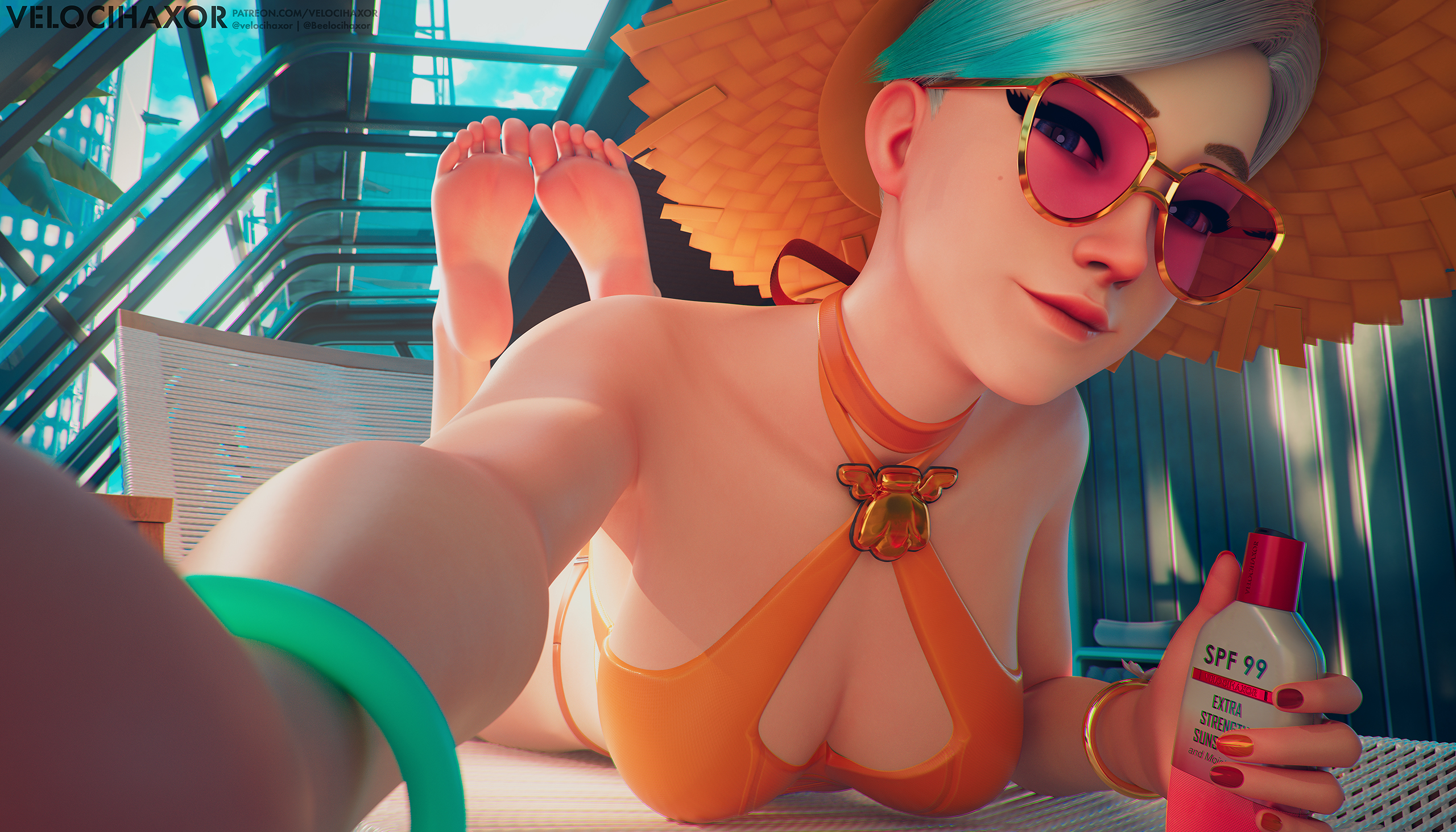 1girls, 2025, 3d, angela ziegler, armpit crease, armpits, bikini, boob window, breasts, covered breasts, feet, feet up, female, female only, front view, gold frame glasses, hairless armpits, halter bikini, halter top, halterneck, indoor pool, indoors, laying down, laying on stomach, looking at viewer, medium breasts, mercy, overwatch, overwatch 2, painted nails, poolside mercy, rose tinted glasses, selfie, smile, solo, summer games series, sunglasses, tinted eyewear, toes, velocihaxor