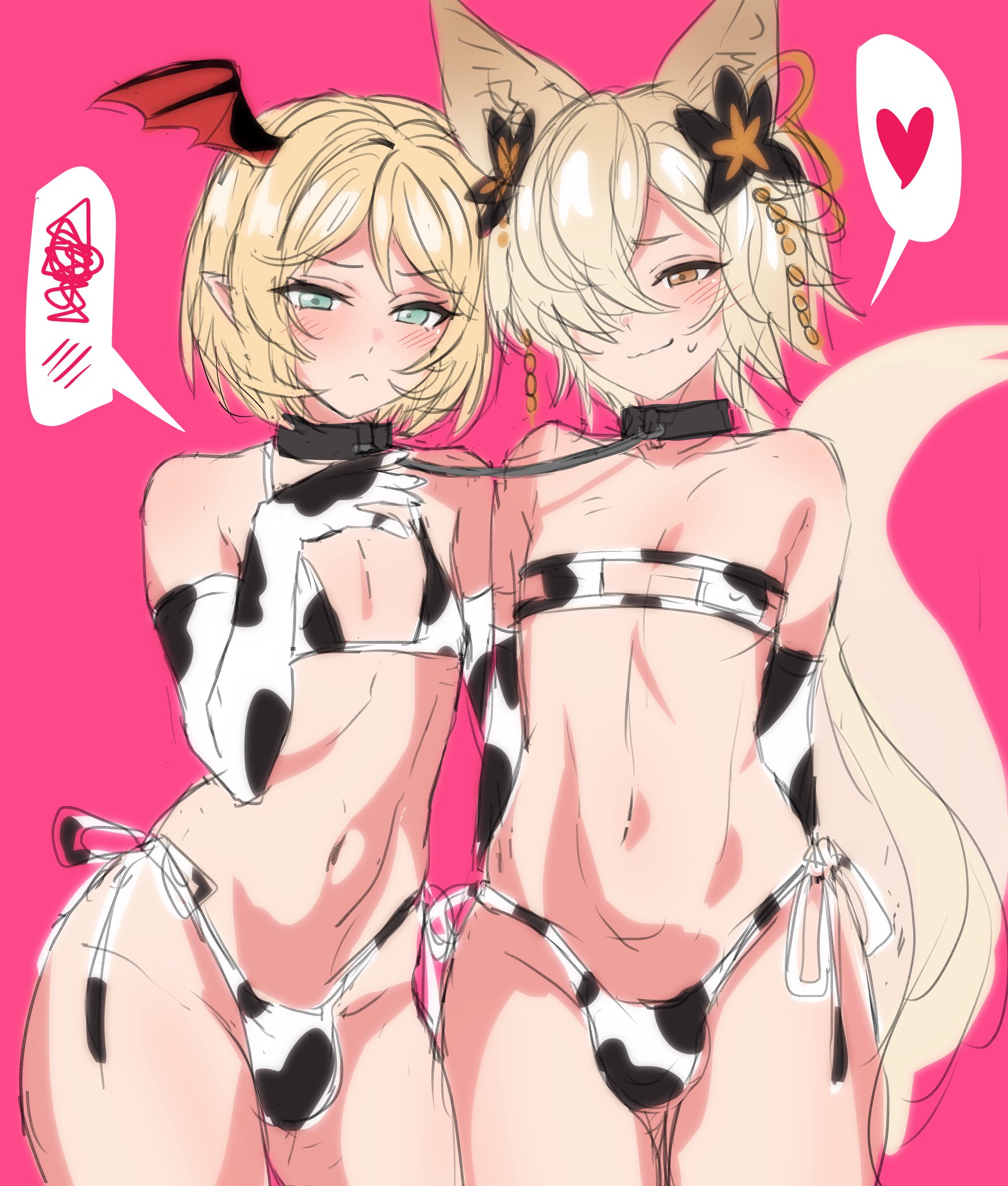 2boys, animal ears, armpits, bare shoulders, bell, blush, brown eyes, bulge, choker, cow print, crossdressing, elbow gloves, fake horns, femboy, girly, gloves, granblue fantasy, green eyes, hair ornament, hair over one eye, heart, humanoid, kou (granblue fantasy), looking at viewer, male, navel, nipples, pointy ears, short hair, sketch, standing, sweatdrop, tail, thick thighs, thighs, thong, tied hair, veight, yellow hair, zanegoodell