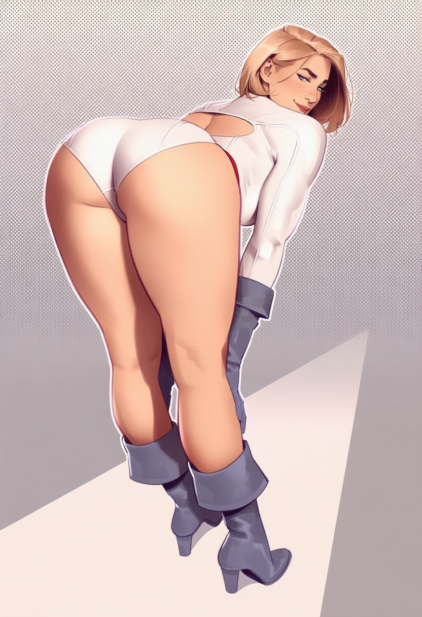 ai generated, ass, back, back cutout, bare legs, bent over, blonde hair, blue eyes, blue footwear, blue gloves, boots, breasts, clothing, clothing cutout, dc, dc comics, female, female only, footwear, from behind, gloves, grey footwear, grey gloves, hands on own knees, high heel boots, high heels, kneepits, large breasts, leaning forward, legs, leotard, lips, long sleeves, looking at viewer, looking back, mismatched eyebrows, naughty face, nose, phophopho, power girl, short hair, smile, solo, standing, superhero, superman (series), thick thighs, thighs, toned, white leotard